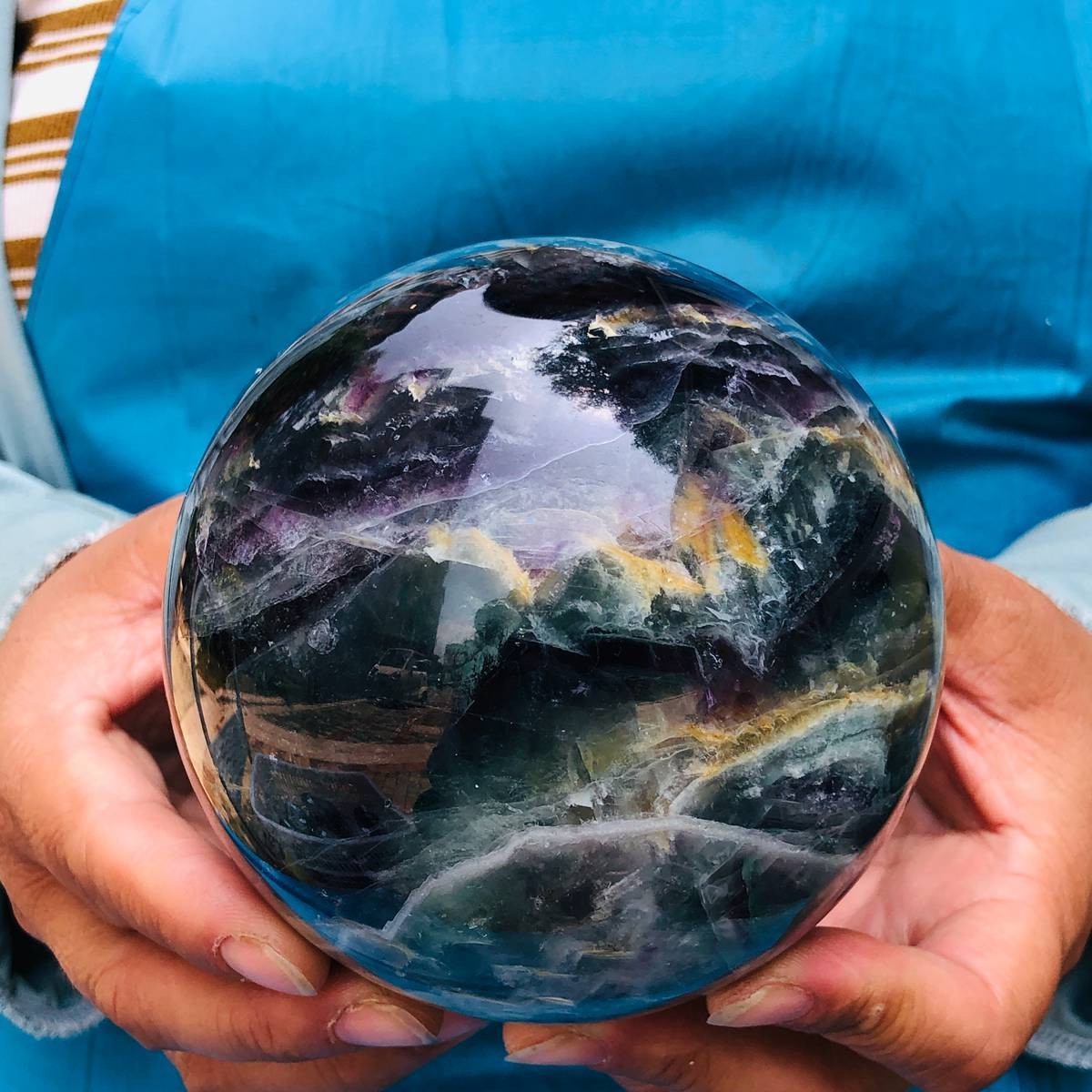 4.09LB Natural Crystal Rainbow Fluorite Sphere Display Ball Reiki Healing
