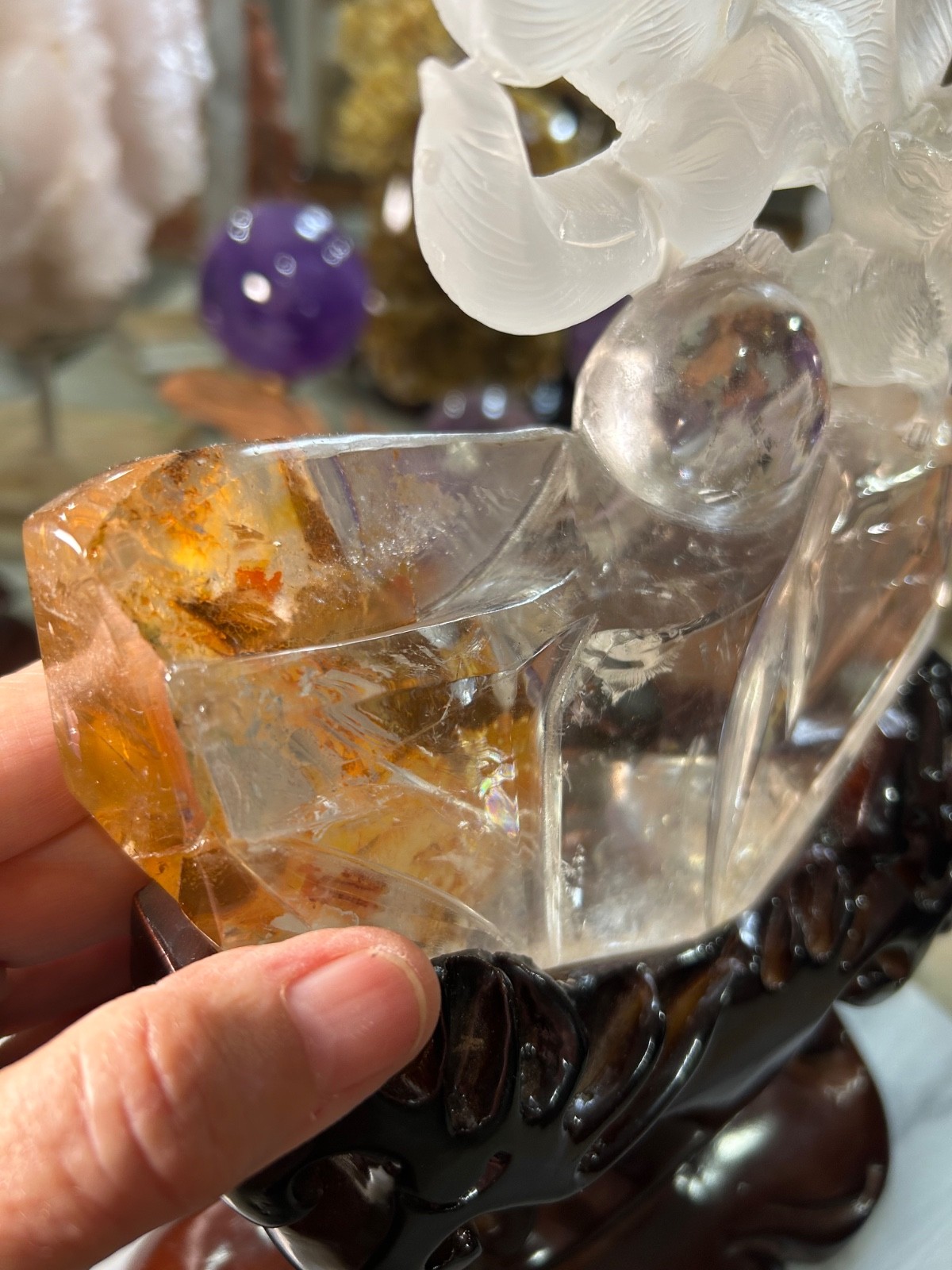 Clear Quartz healer nine 9 tail FOX carving on custom wood stand large