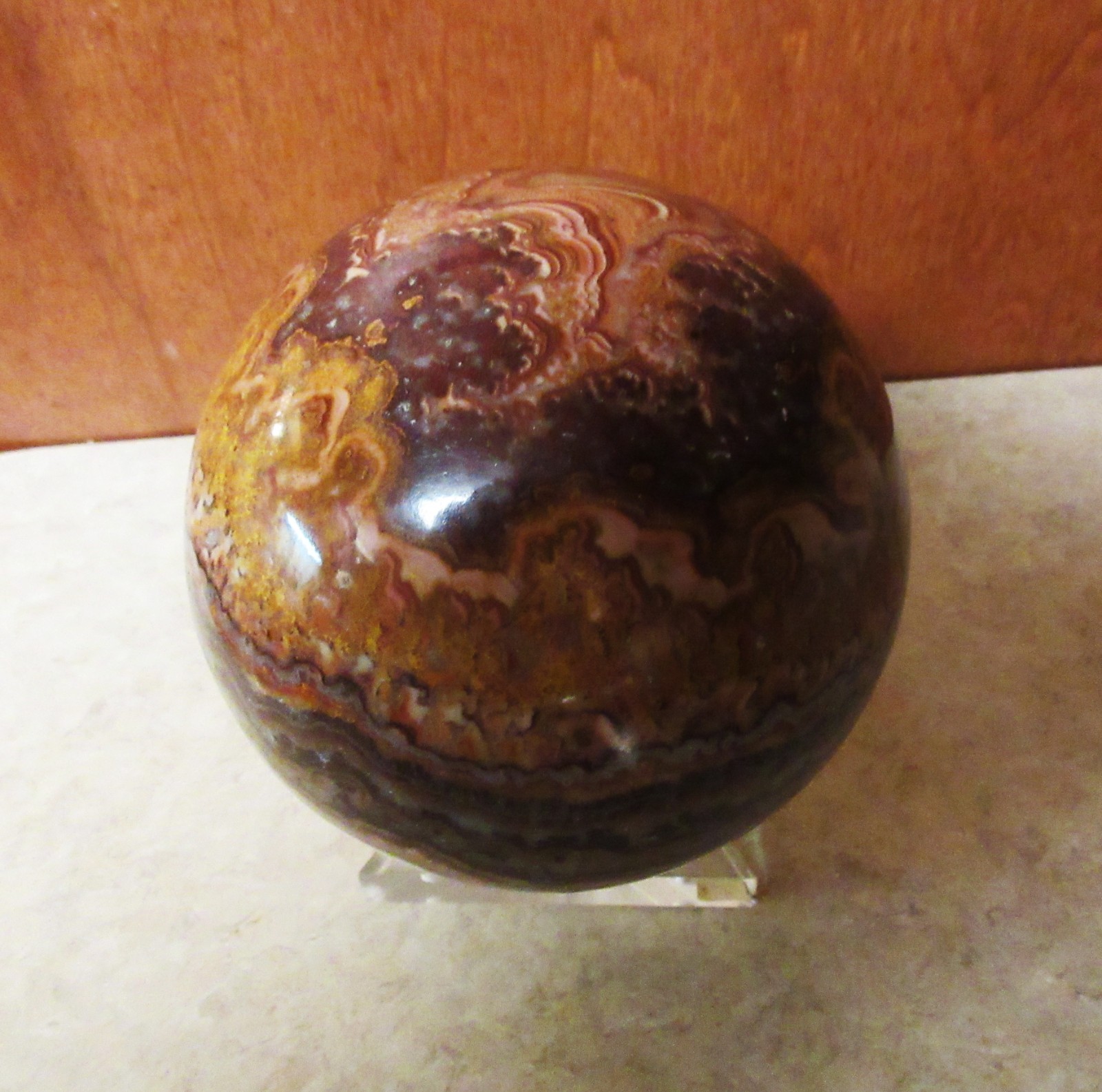 Large Banded Marble Polished Stone Sphere Browns and Whites 5” Diameter + Stand