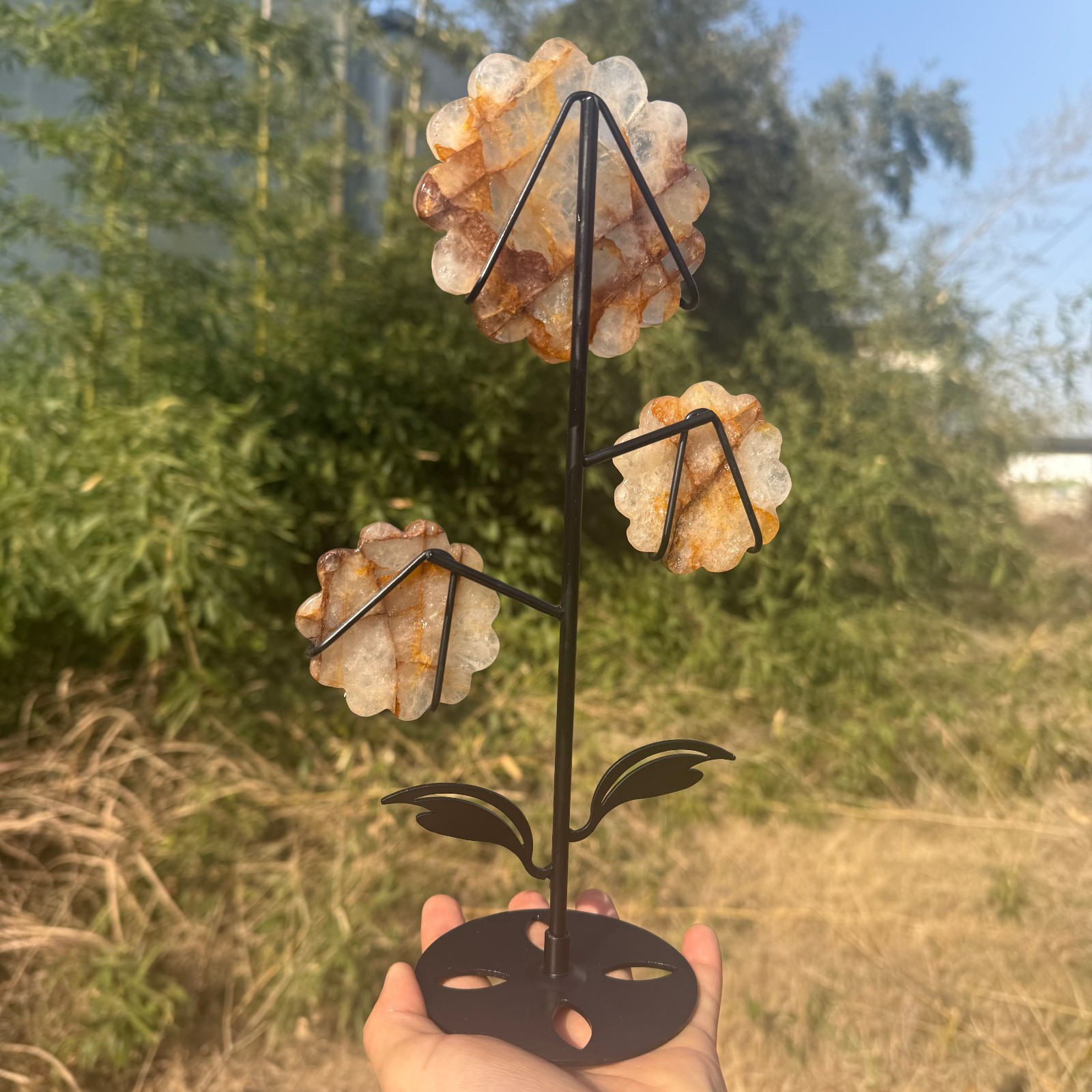 300g+Natural Yellow gum flower quartz crystal carved Sunflower Decor Gift