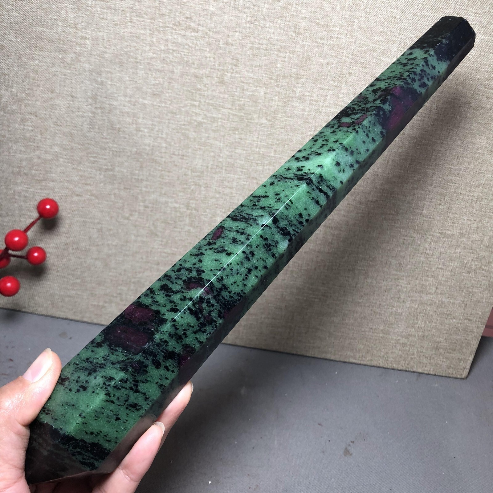 295mm Long Natural red green epidote wand Obelisk Crystal specimens 716g A4537