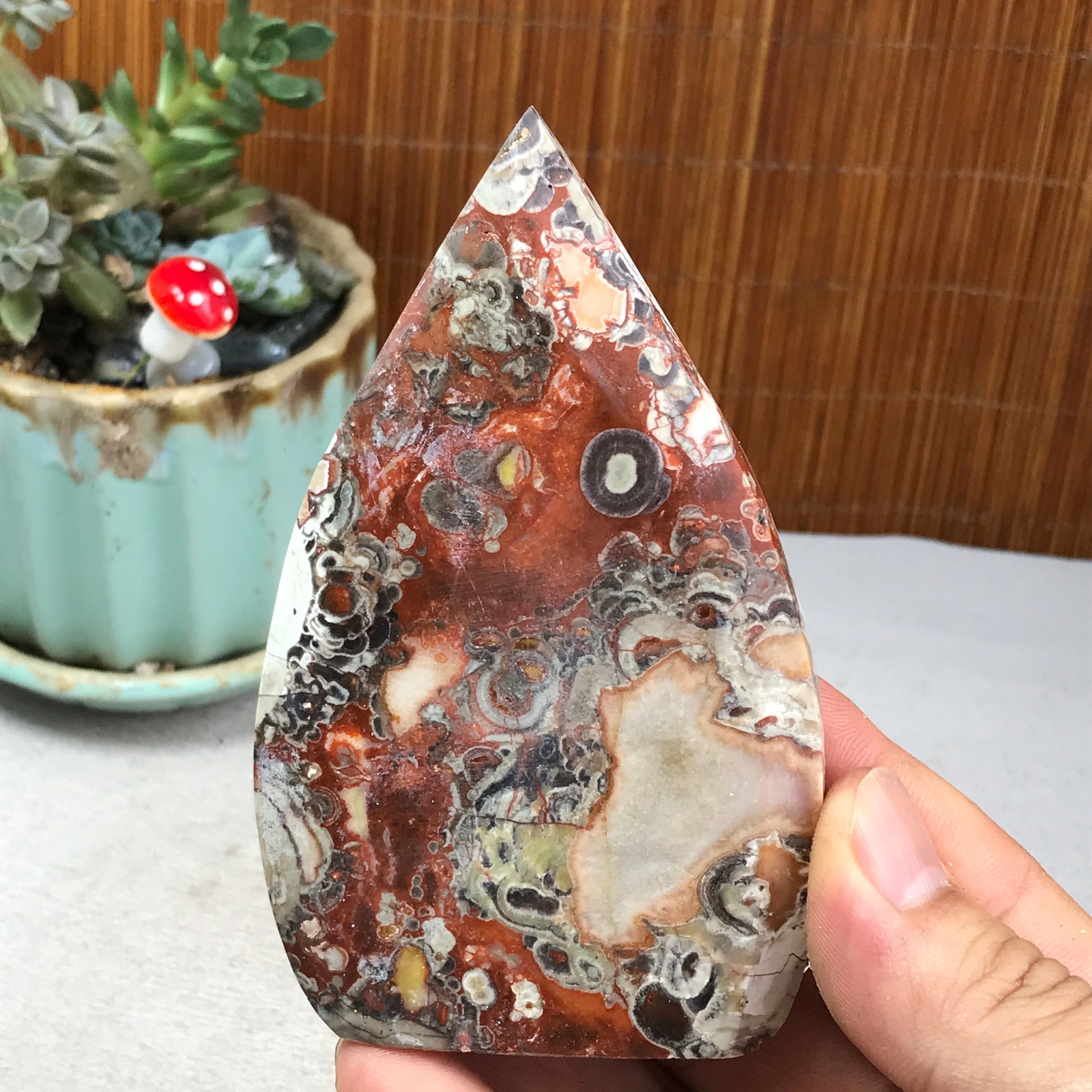 Natural money Mexico agate hand carve leaf Crystal Specimen free standing A6260