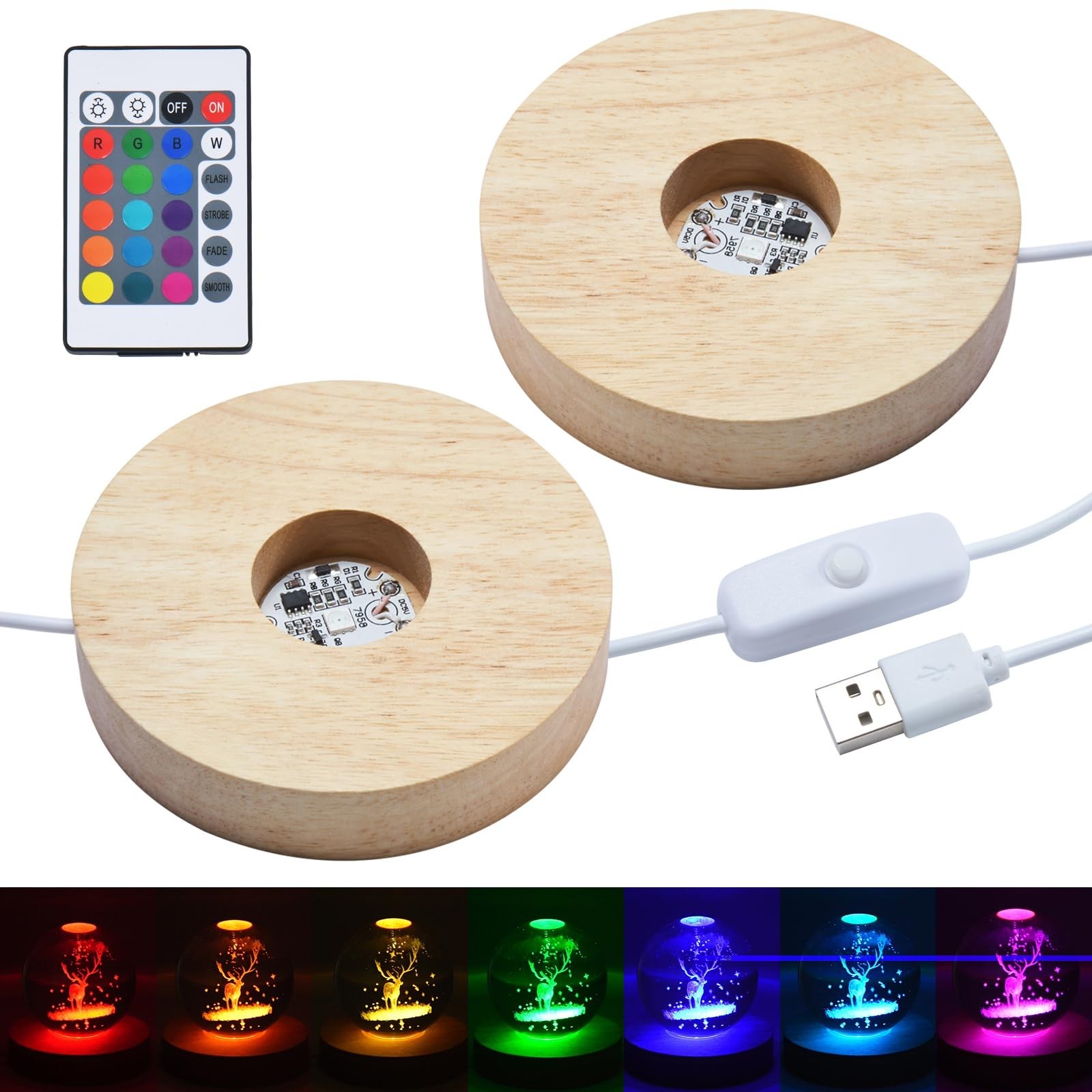 2pcs LED Color Changing Light Base – Adjustable 7 Colors Display Stand with Remo