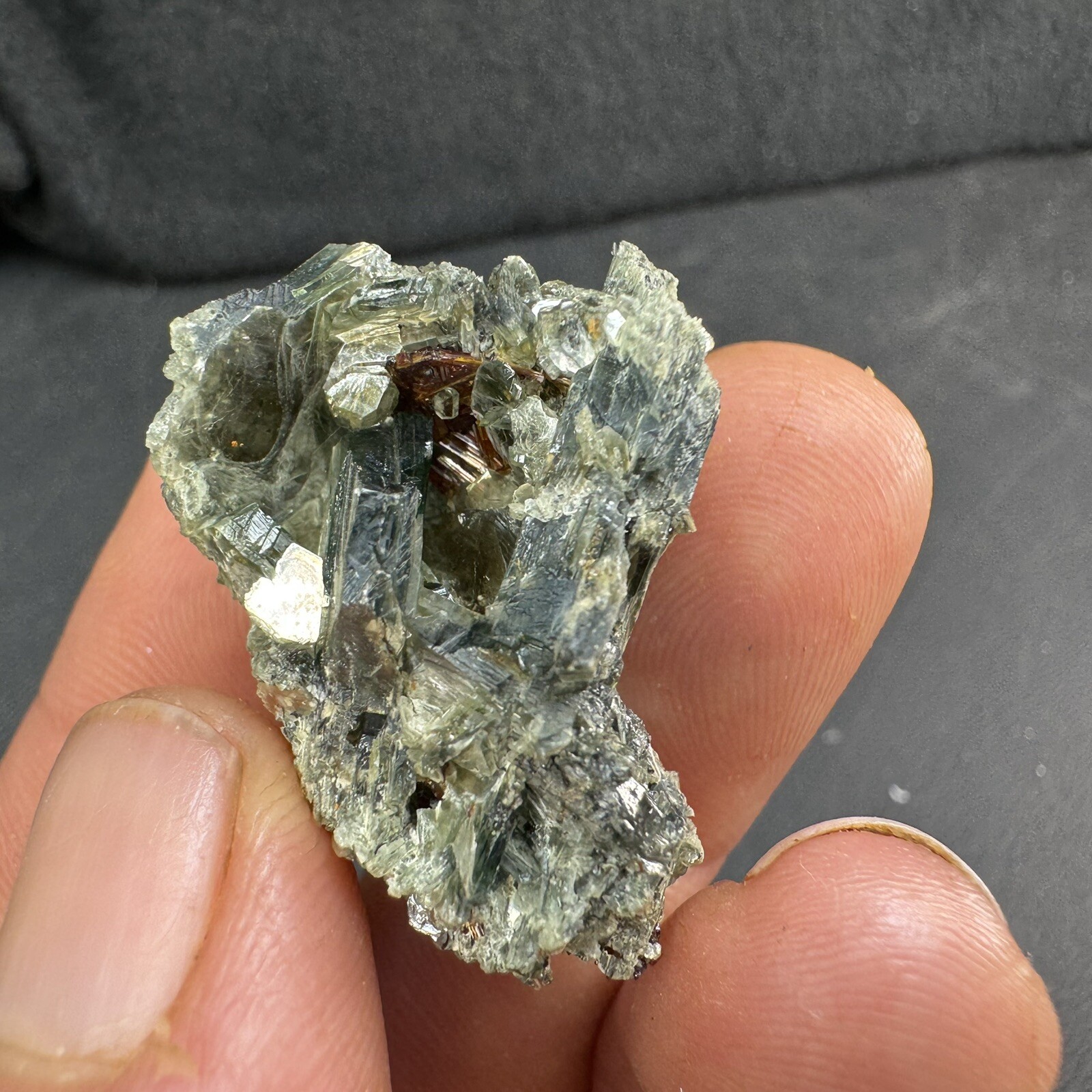 Lot of 4 Green Crystalized Mica Crystal Clusters with Rare Red Rutile Crystals