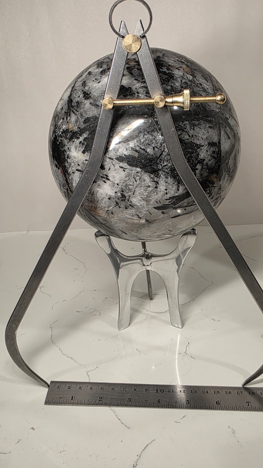 16.8LB 7″ Huge Tourmalinated Quartz Sphere Black Tourmaline Crystal Orb / Stand