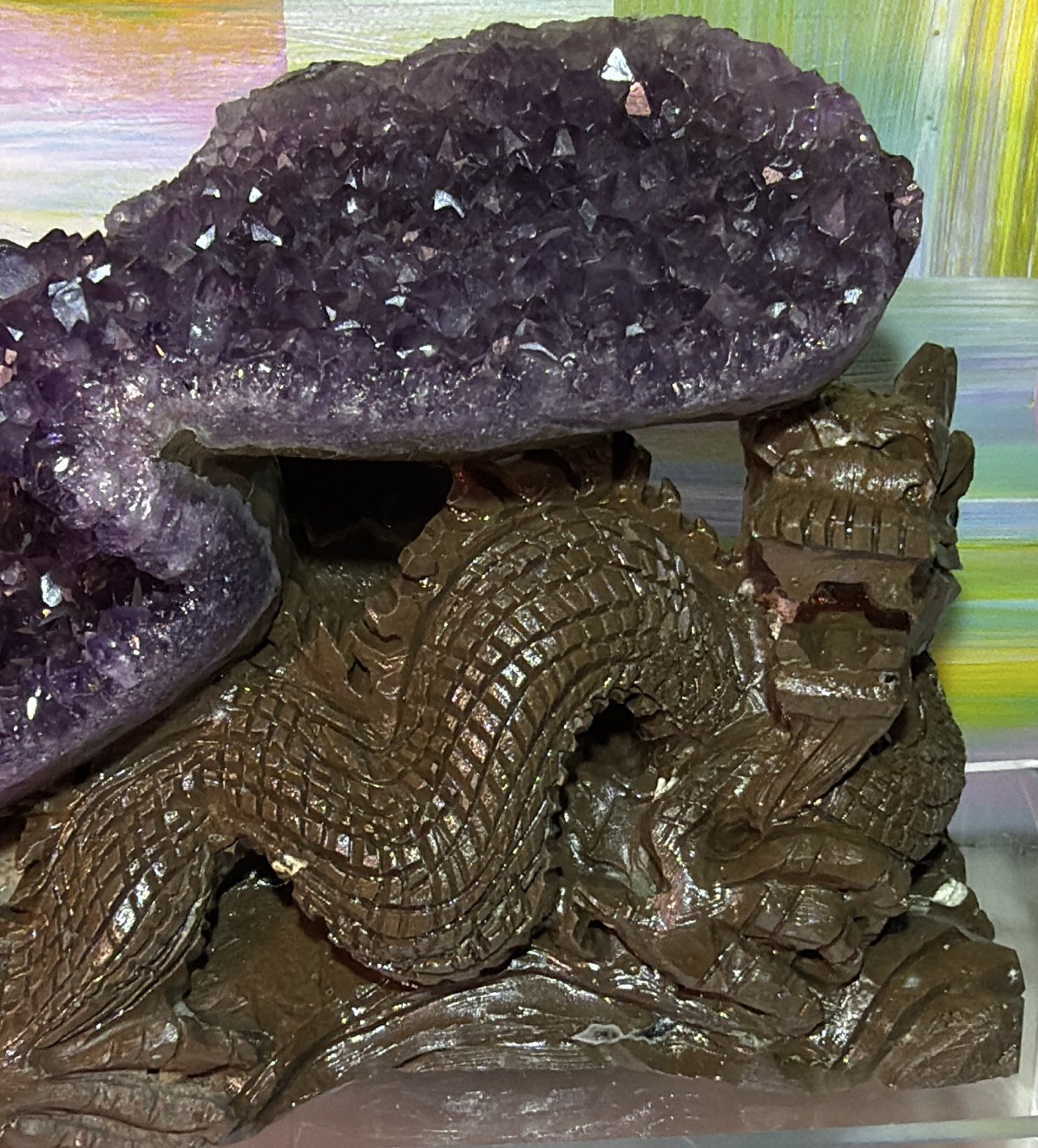 Purple Amethyst Cluster Crystal Mineral Display Specimen on Carved Dragon Stand
