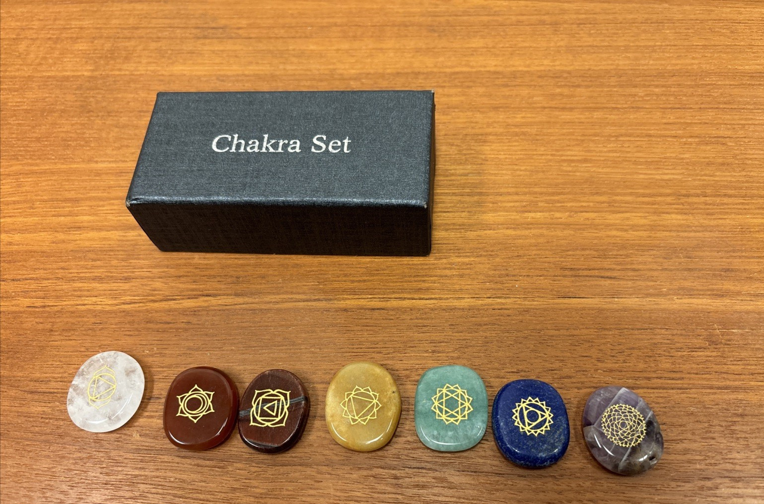 7 Chakra Round Stone Set Polished Smooth Engraved With Chakra Symbols New in Box