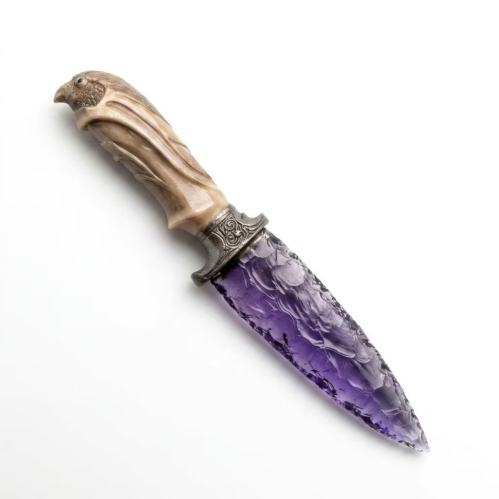 10″ Amethyst Glass Crystal Knife Handcrafted Ritual Athame Ornate Eagle Handle