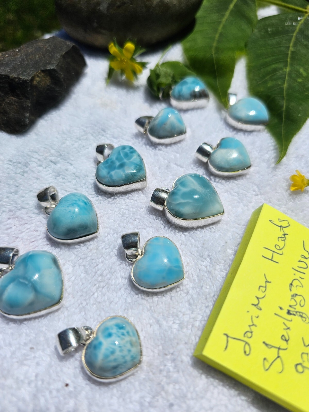 Lot of Larimar and Silver hearts cabochons, atlantis stone, larimar blue sky