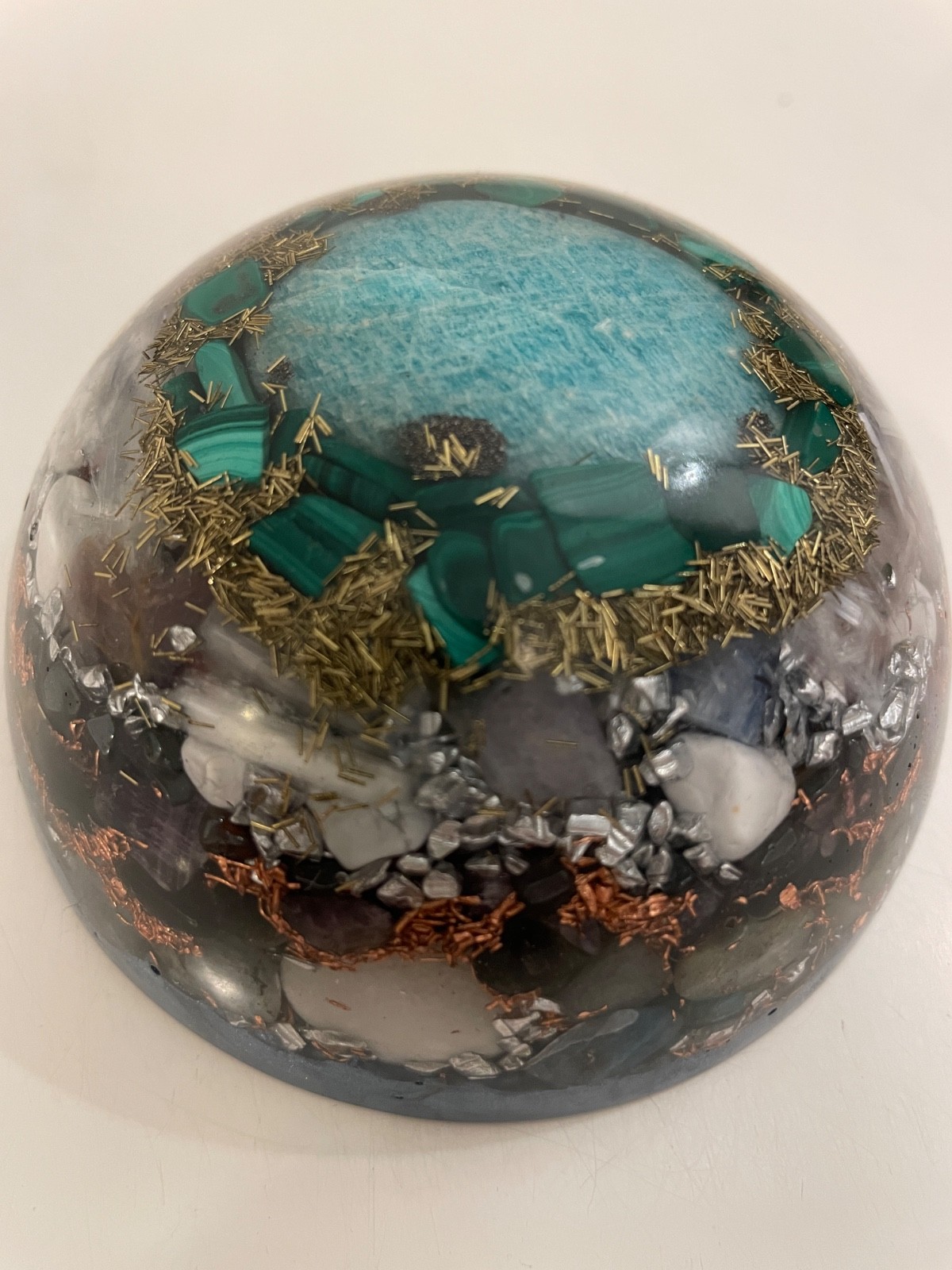 Handmade Orgonite Dome – Amazonite, Malachite, Amethyst, Metal Shavings – 4”