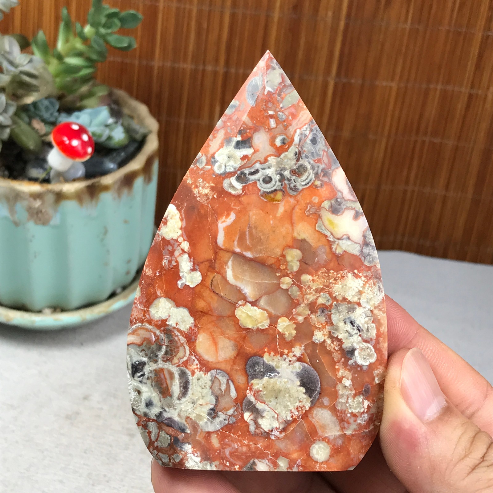 Natural money Mexico agate hand carve leaf Crystal Specimen free standing A6256