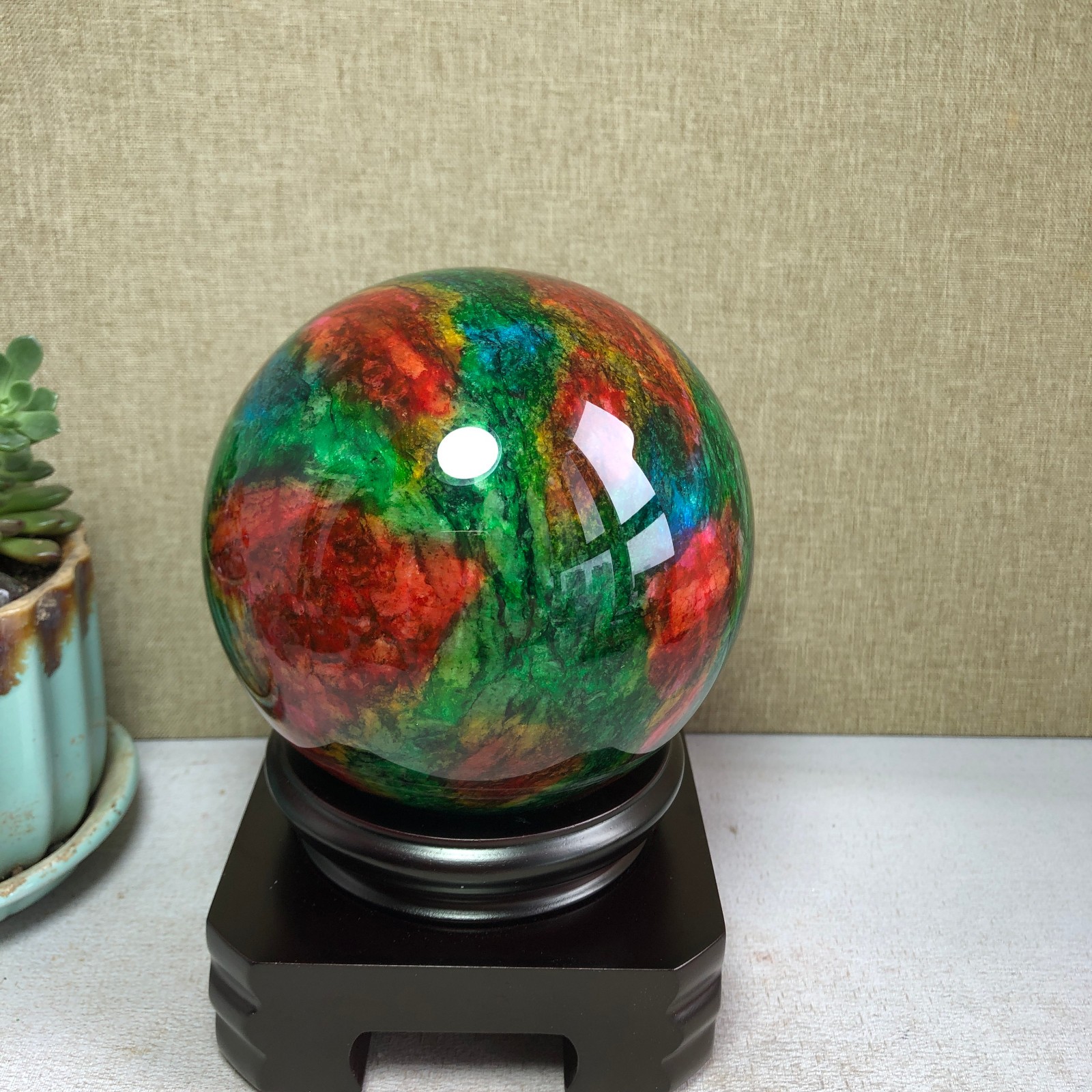 Natural “Seven Colors Jade” sphere flat bottom specimen Taiwan China 99mm A4581