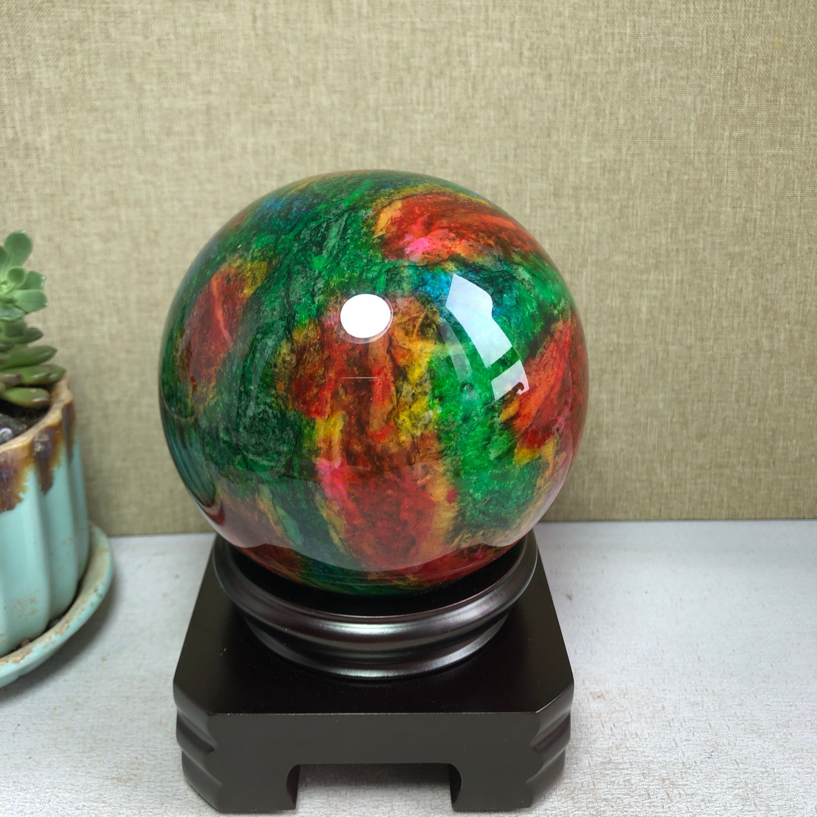 Natural “Seven Colors Jade” sphere flat bottom specimen Taiwan China 99mm A4581