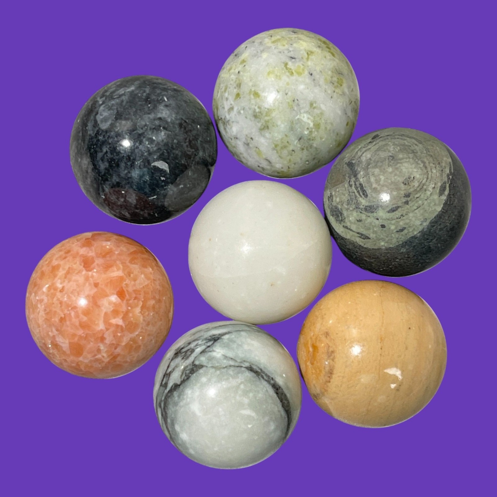 7 Polished Gemstone Spheres Mixed Marbles Onyx Quartz Decorative Balls 1″