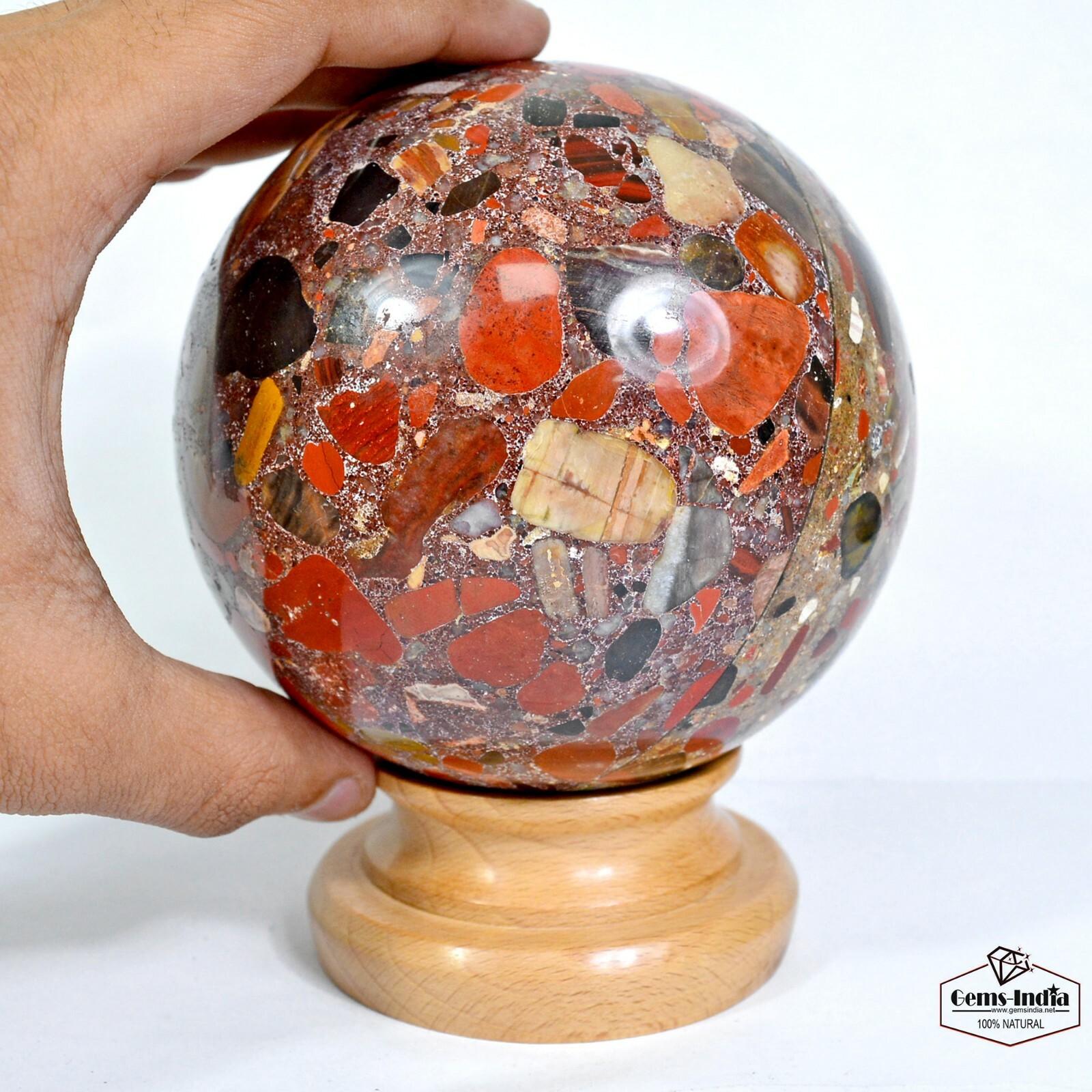 Natural 4.2in Red Conglomerate Stone Healing Meditation Puddingstone Sphere Ball