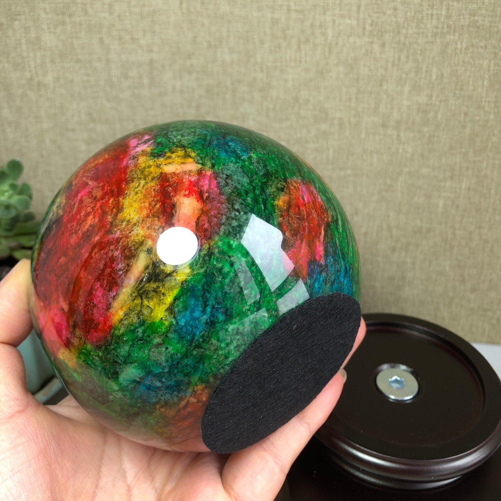 Natural “Seven Colors Jade” sphere flat bottom specimen Taiwan China 99mm A4582