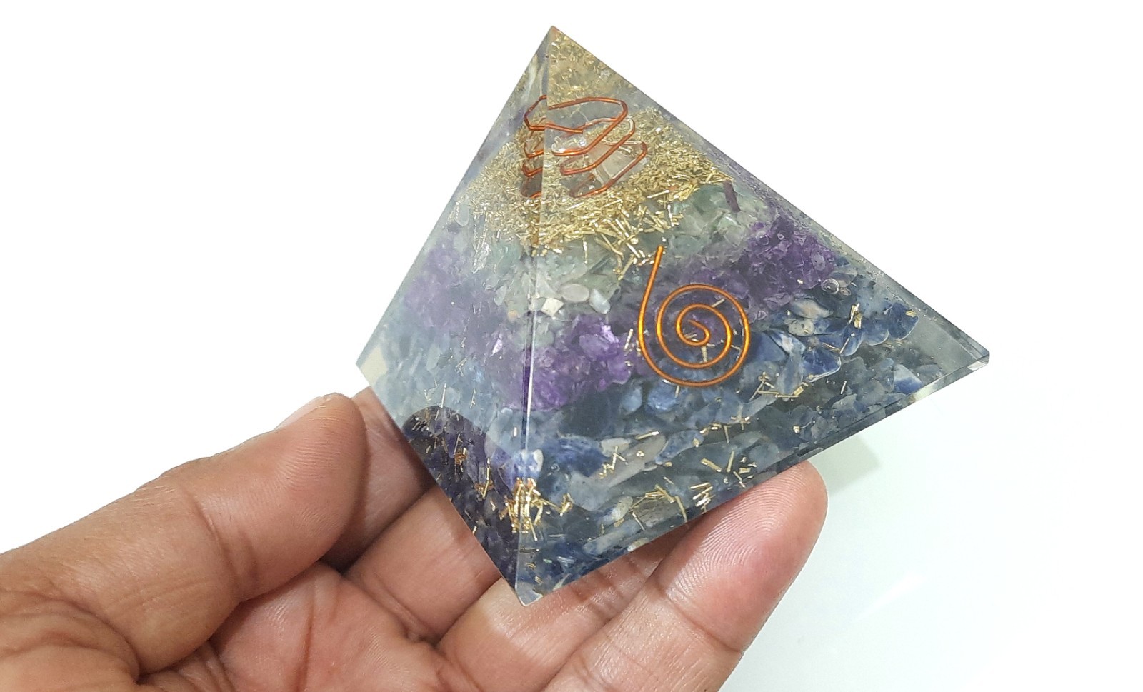 SODALITE AMETHYST FLOURITE AND CRYSTAL 75MM ORGONE PYRAMID FOR FOCUS AND STUDY