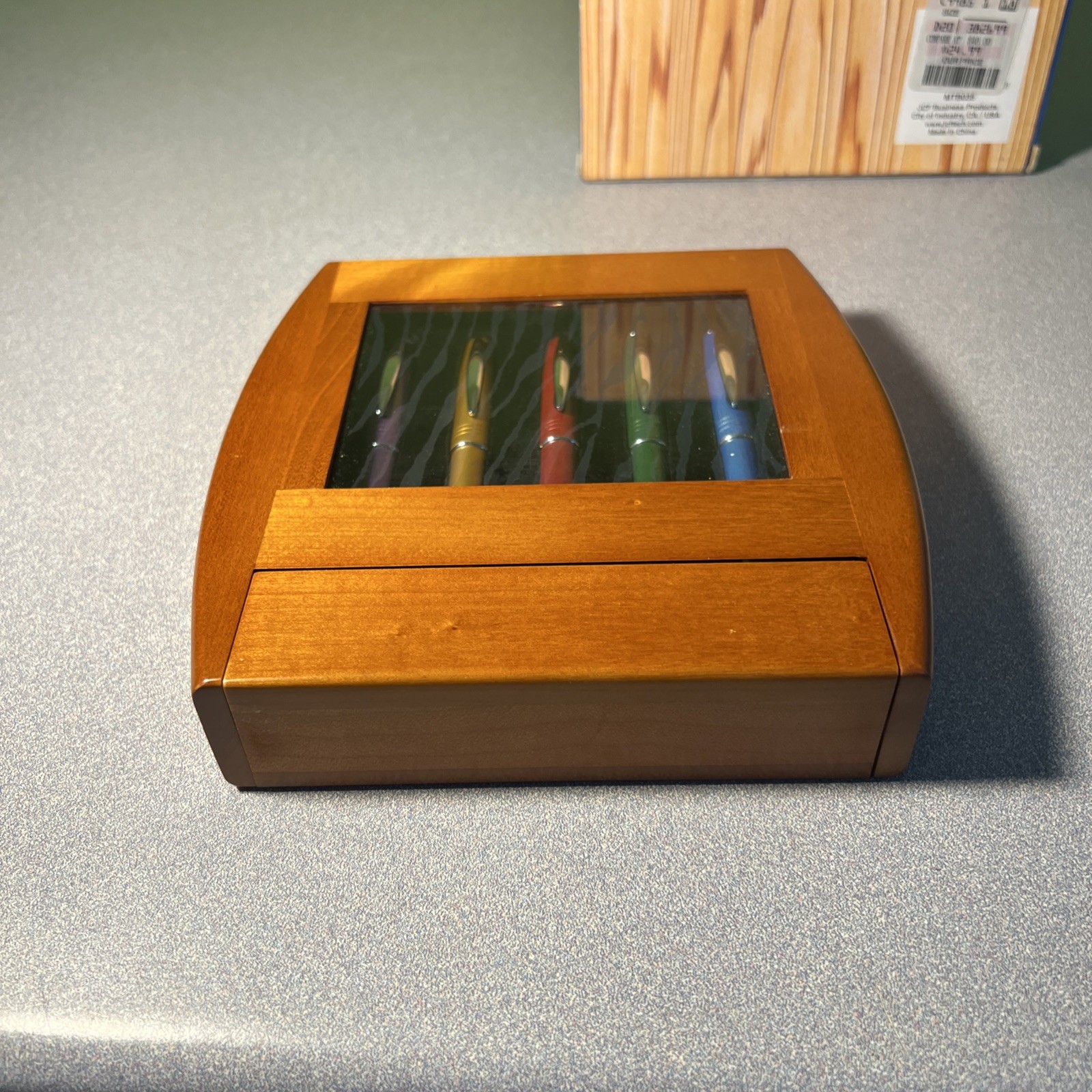 Vintage JCFTECH 5 Metallic Ball Point Pen In Solid Cherry Wood Easel Box