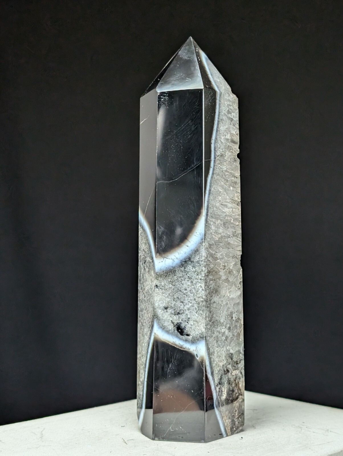 Agate Tower Black Banded Lace Point Quartz Lage Big Tall Crystal Gemstone