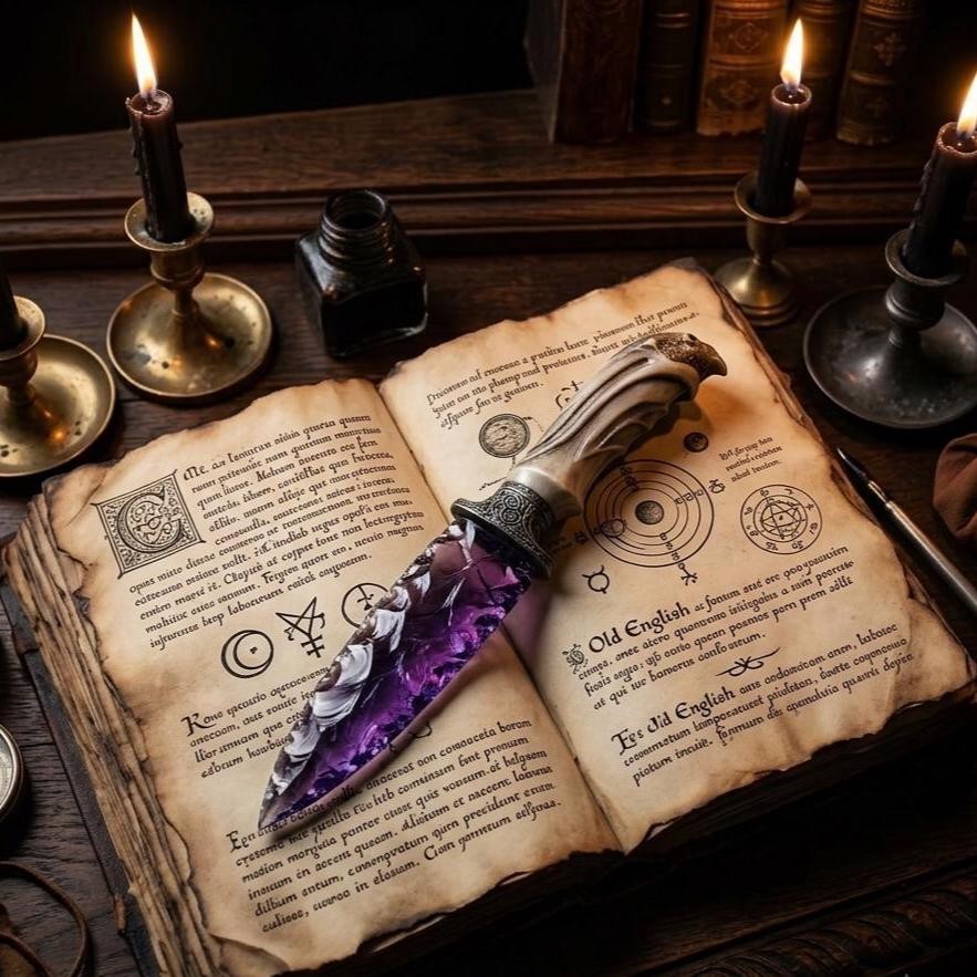 10″ Amethyst Glass Crystal Knife Handcrafted Ritual Athame Ornate Eagle Handle