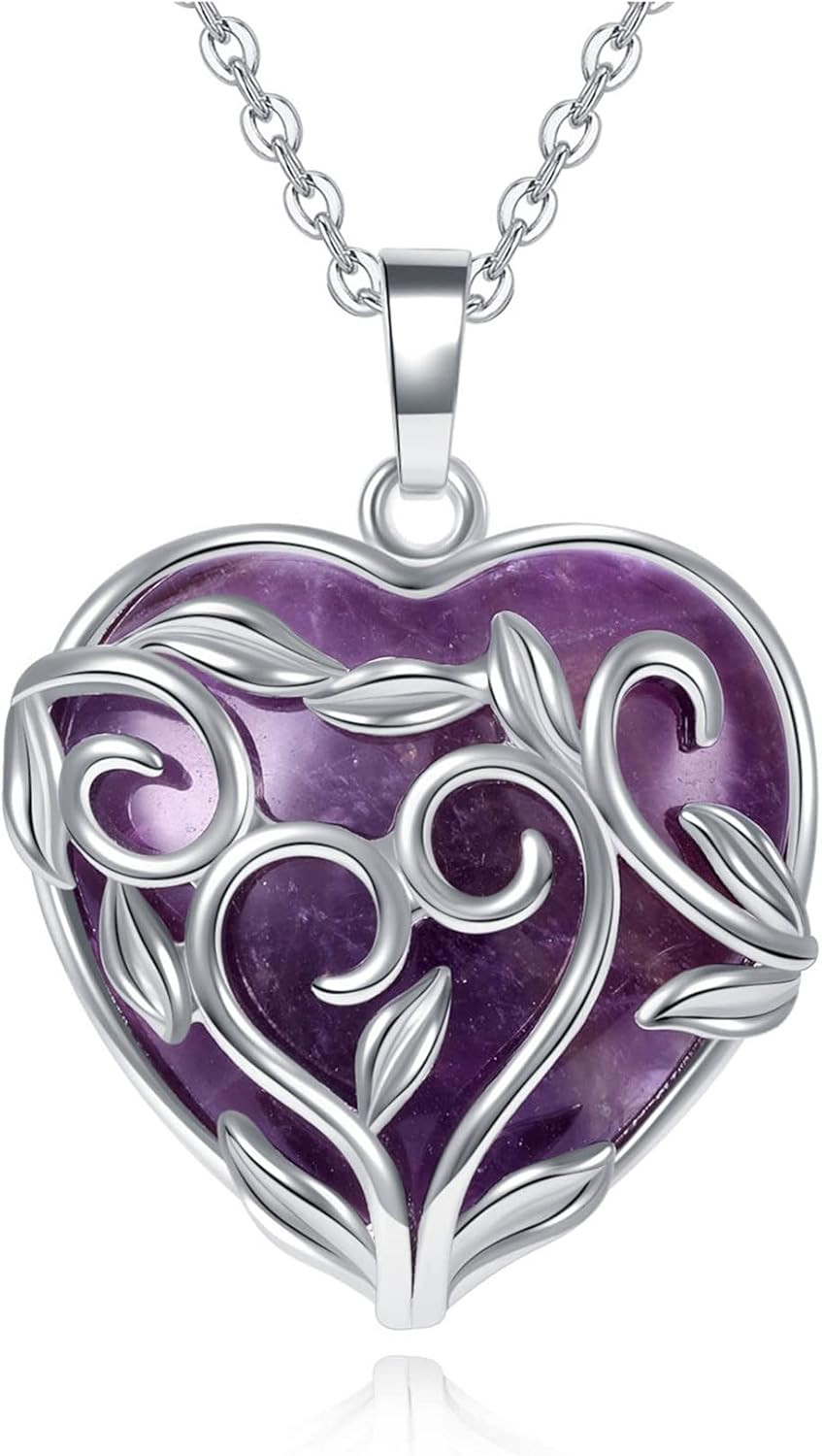 Natural Crystal Heart Necklace Wire Wrapped Reiki Healing Women Gift Box 4 Types