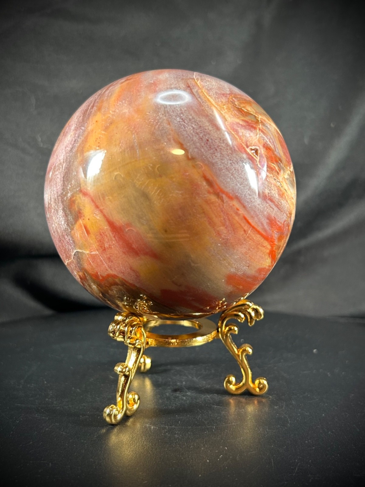 4″ Petrified Wood Sphere With Metal Stand 3lb 0.4oz (1371 grams)