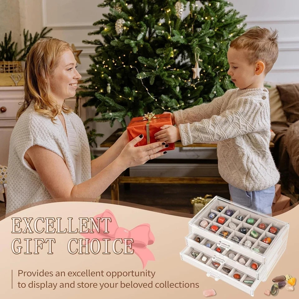 Rock Display Case,54 Grids Rock Collection Box for Kids with Mini Magnifying
