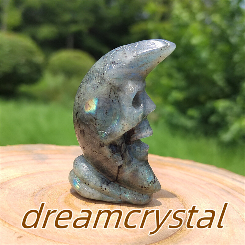 2.2″ Natural Labradorite Skull Carved Quartz Crystal Moon Reiki Sculpture 1pc