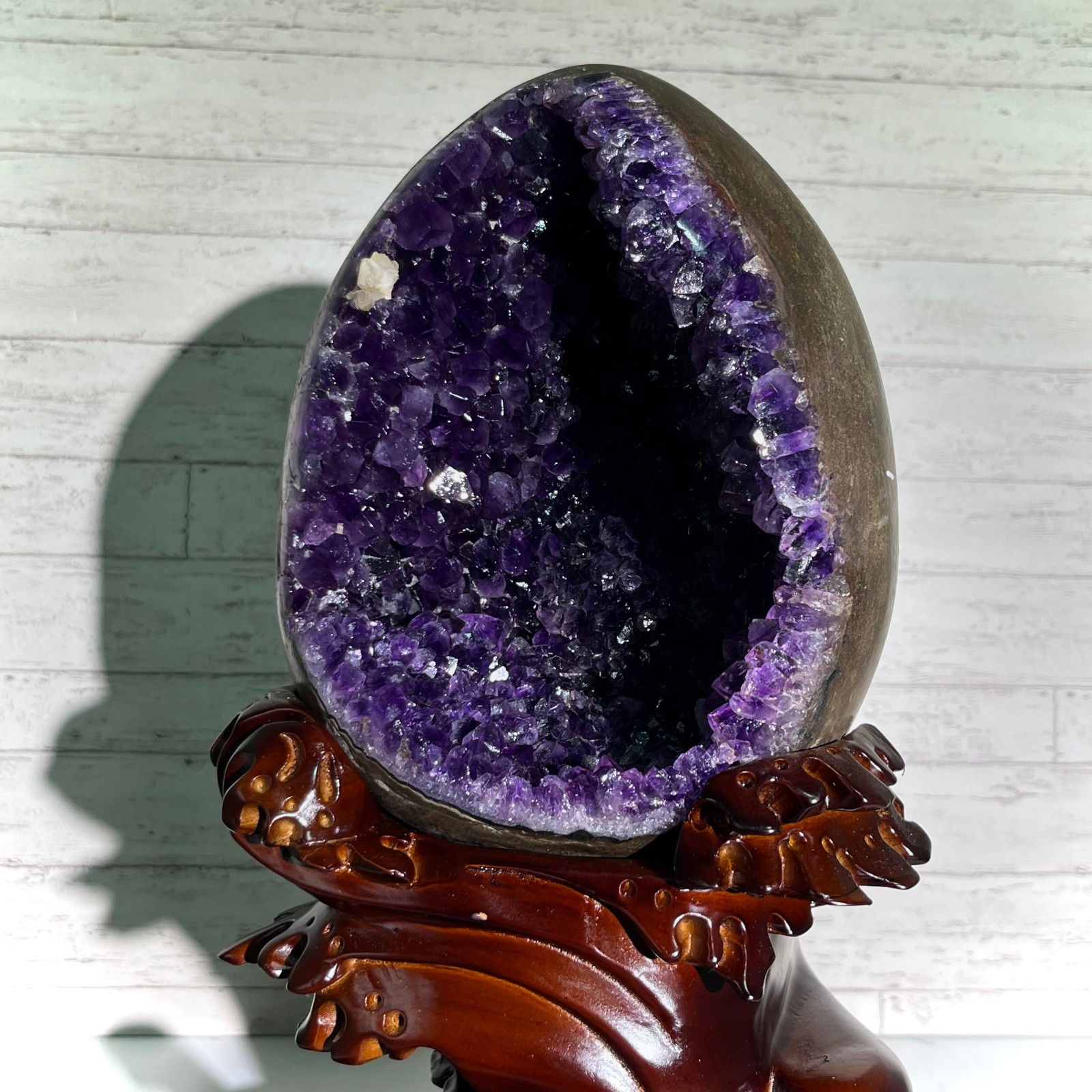13.4 lb Amethyst Cluster Geode Dragon Egg Crystal w/ Wood Stand Mineral Specimen