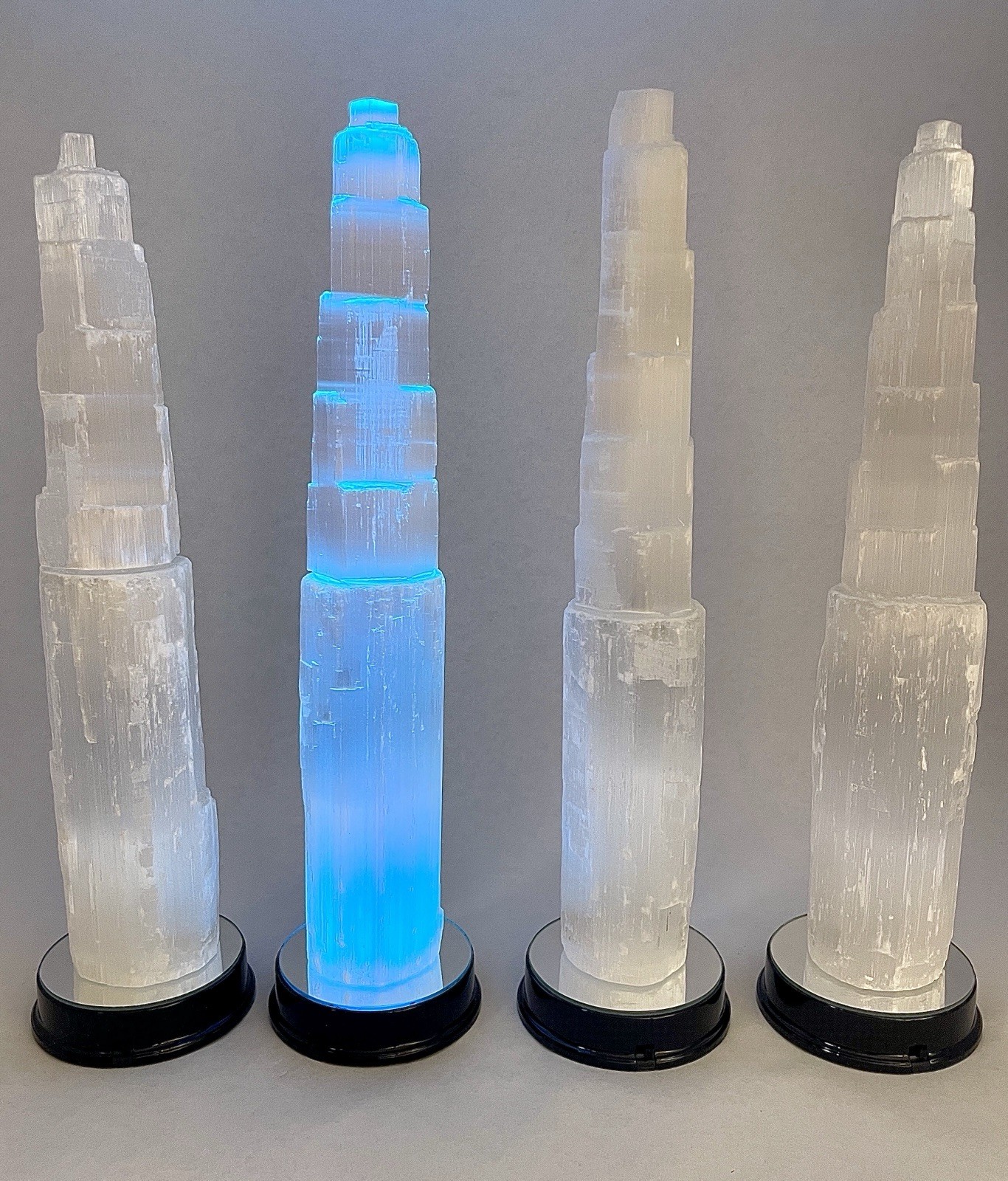 12” Display Crystals Of Satin Spar Tower W/ 6 Color LED Light Stands Included!