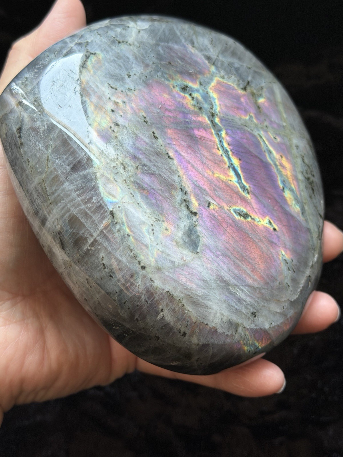 5.15” Large Purple Pink Orange Flash Labradorite Crystal Heart 1100 Grams