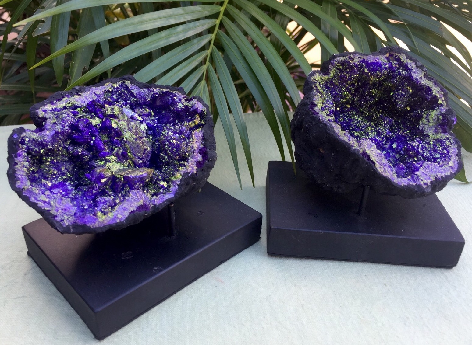 Large Purple Geode Pair W/Stands Crystal Geode Quartz Moroccan Geode Half Open.