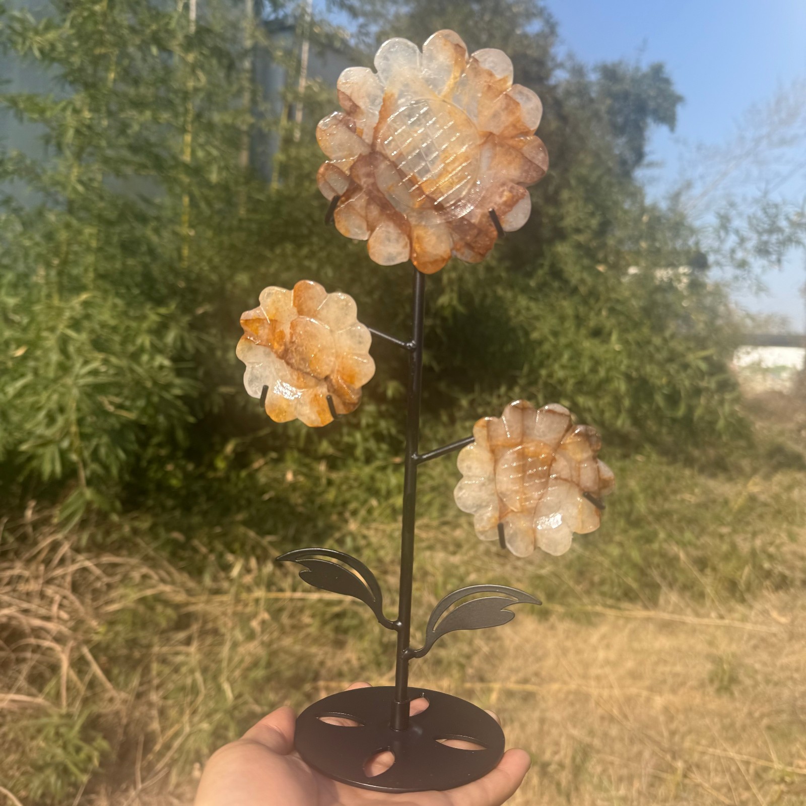300g+Natural Yellow gum flower quartz crystal carved Sunflower Decor Gift