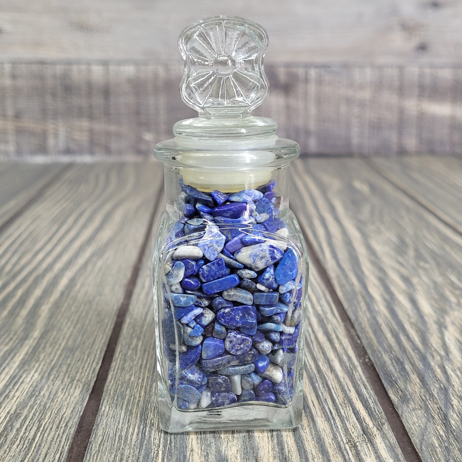 3.5 oz Lapis Lazuli Crystal Tumbled Chips in Vintage Ornate Apothecary Glass Jar