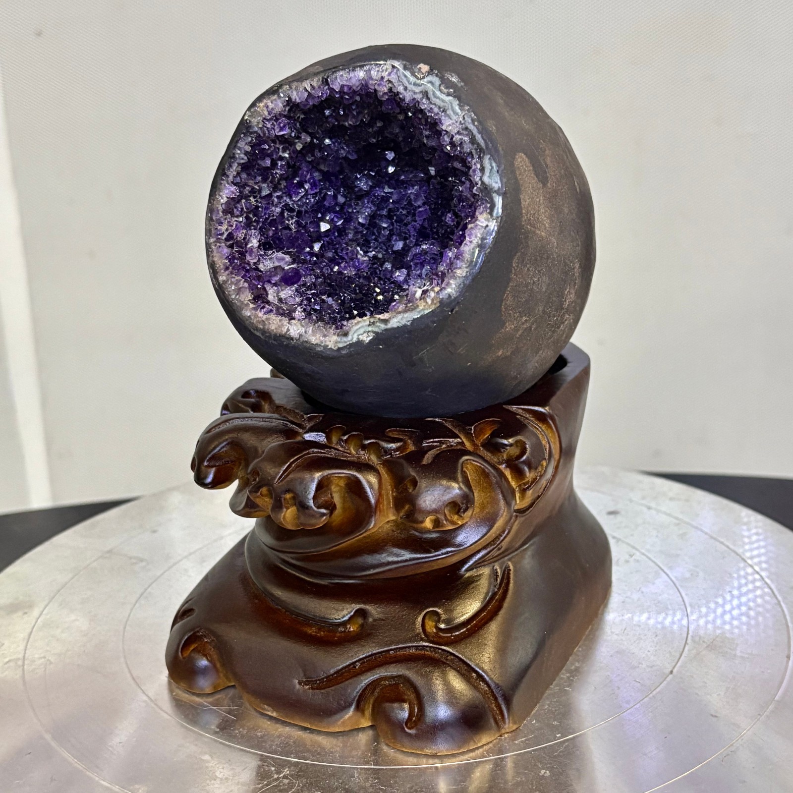3.52LB Natural uruguay amethyst geode quartz money bag crystal +stand