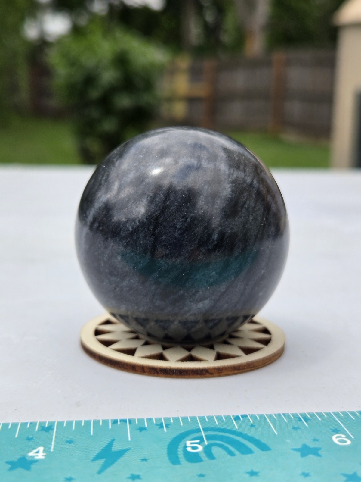 black/ gray polished quartz crystal sphere display w/ stand 2.5in B64