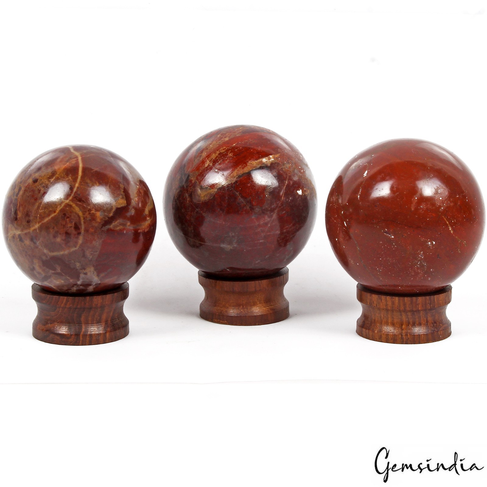 3 Pcs Natural Red Jasper Sphere Set+ Wooden Stands- Bulk Crystal Ball Collection