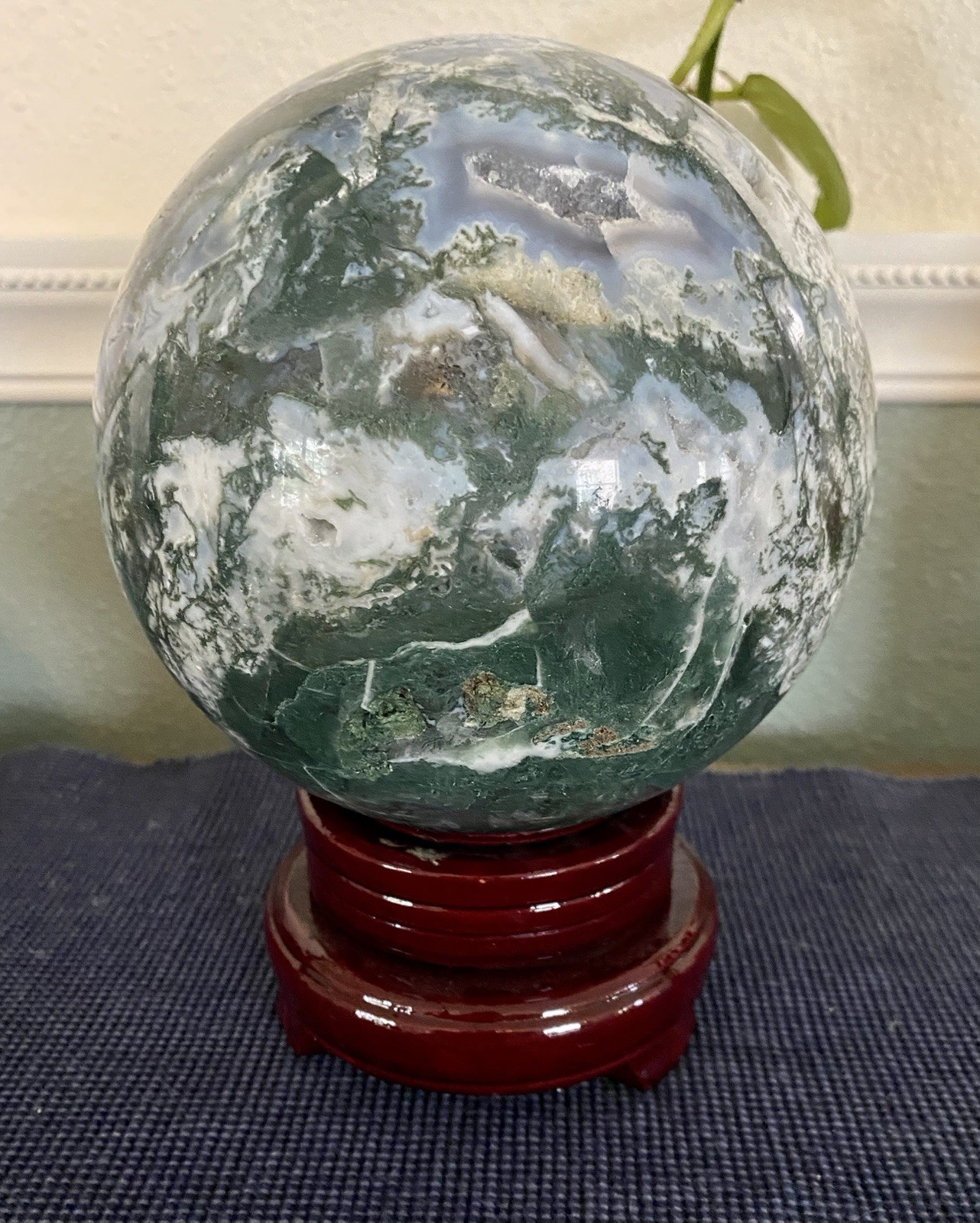 11 pound Polished Moss Agate Green White Crystal Sphere with Wooden Stand