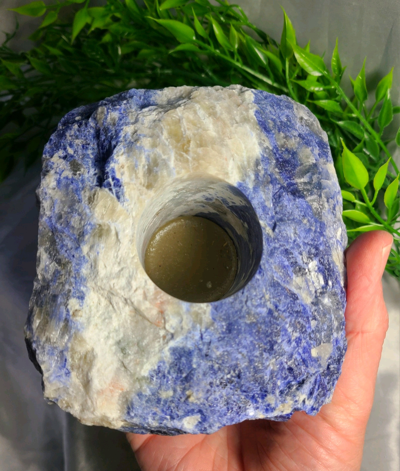 Large Raw 2lb UV Reactive Sodalite Stone Candle or Sphere Holder Tea Light Stand