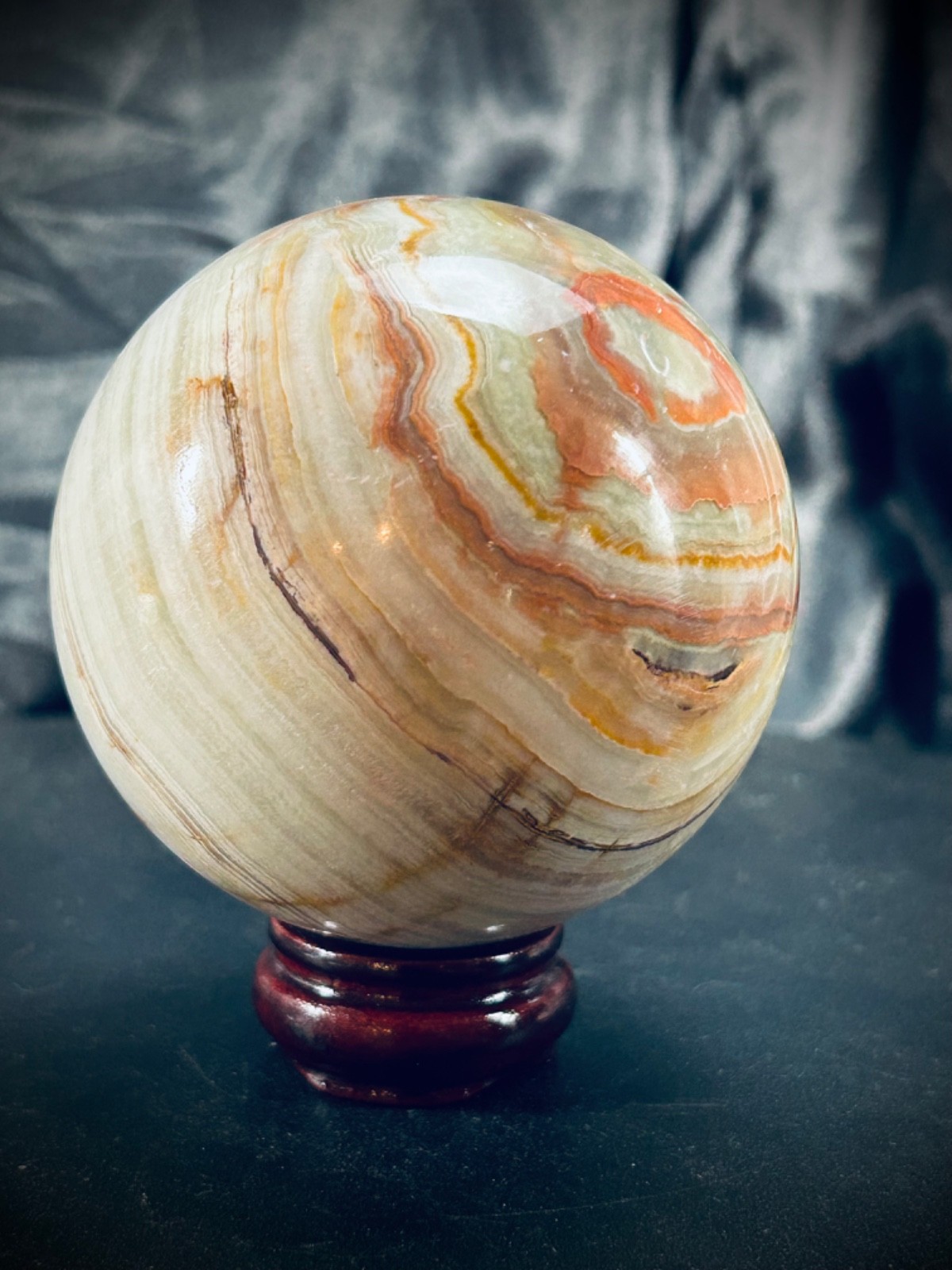 2.95″ Banded Calcite (Green Banded Onyx) Sphere with Wood Stand 1lb 5oz
