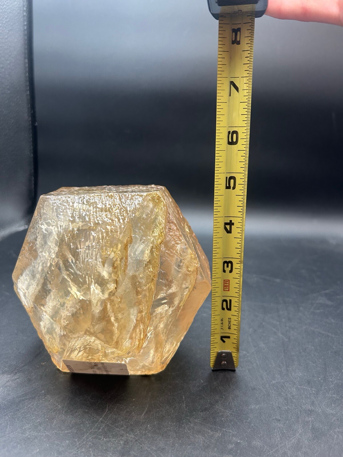 Vintage Crystal Amber Mineral Specimen in Lucite Paperweight Desk Decor