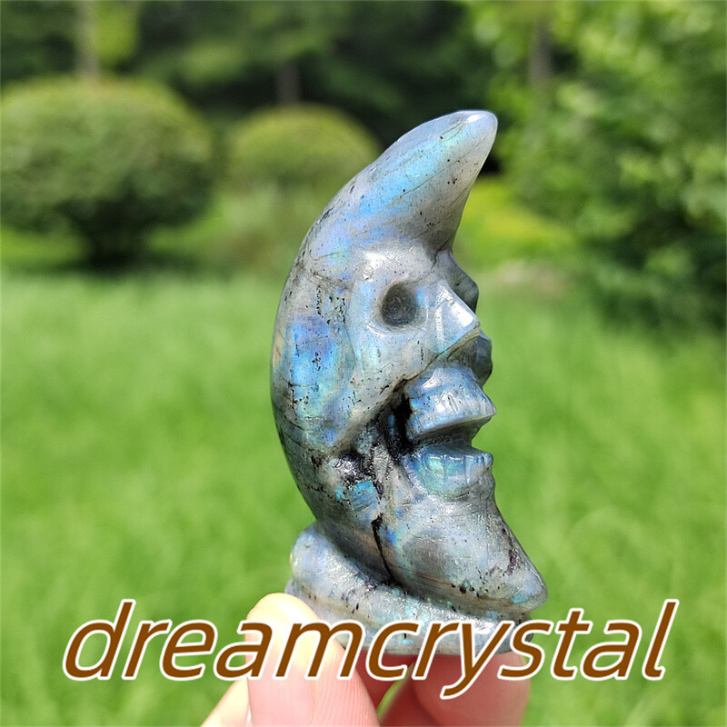 2.2″ Natural Labradorite Skull Carved Quartz Crystal Moon Reiki Sculpture 1pc