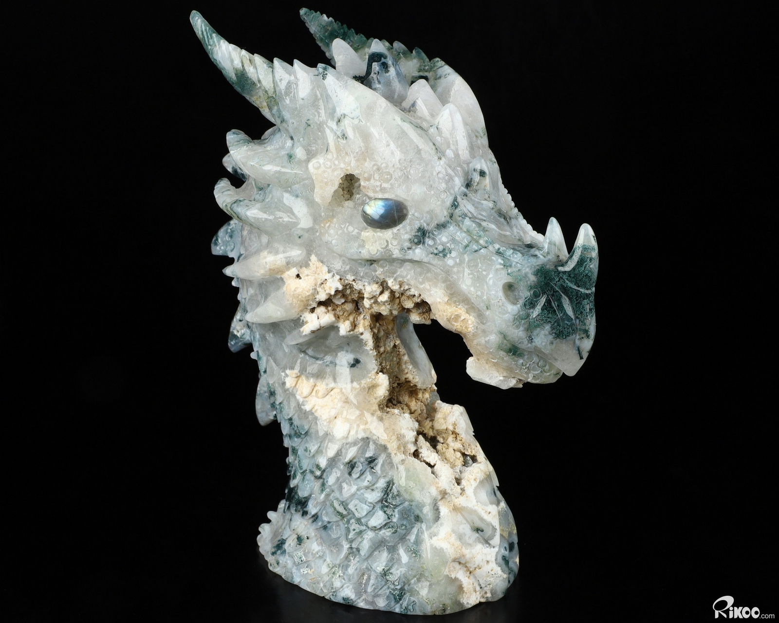 6.9″ Green Moss Agate Carved Crystal Dragon & Labradorite Eyes , Realistic
