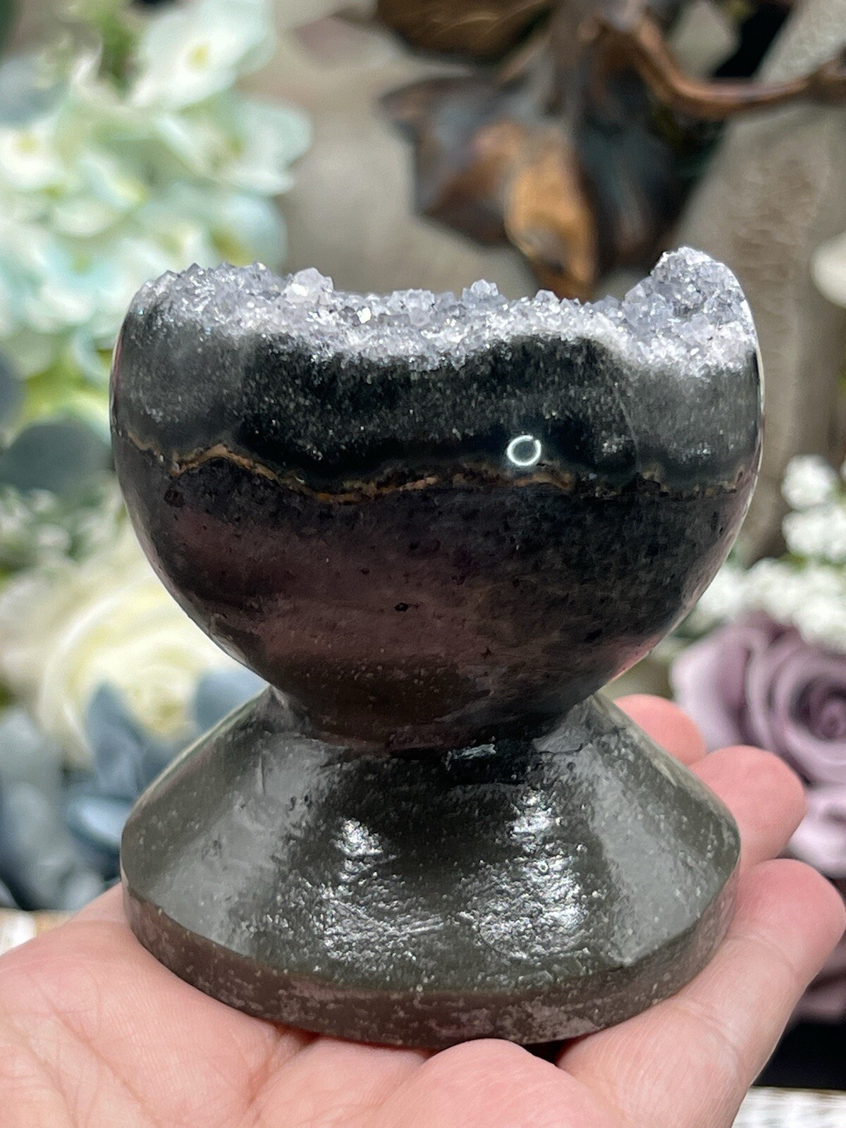 Natural Sugar Druzy Amethyst Geode Carved standing Spheres L@@K Free ship & Gift