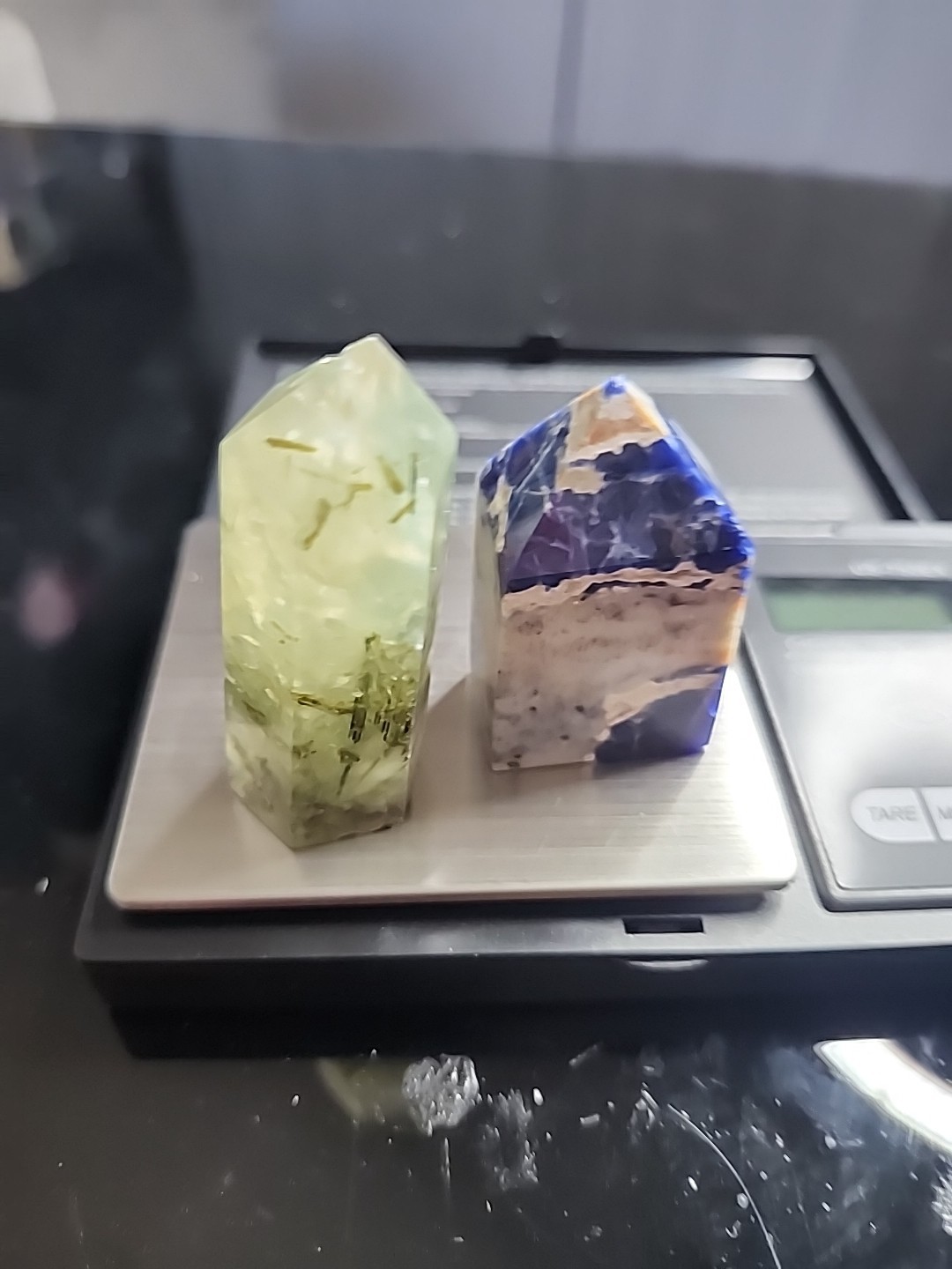 Natural Crystal Tower Set – Prehnite with Epidote & Sodalite – 2-Piece Point Set