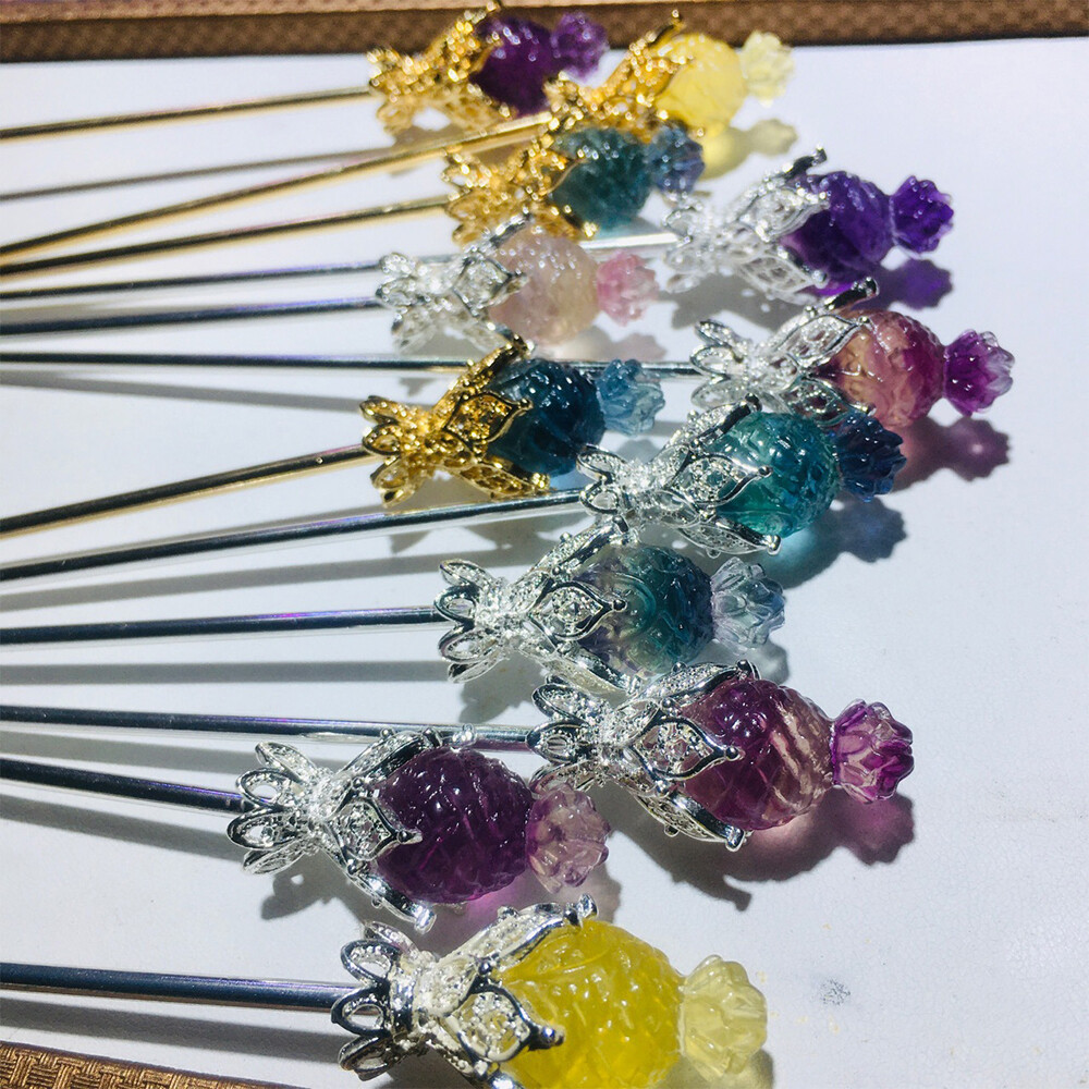 5pc Natural Fluorite Carved Rose Flower Hairpin Quartz Crystal Reiki Healing New
