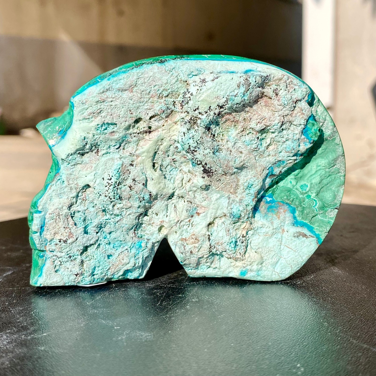 418G Natural Malachite silicon Quartz Crystal Skull Carved Stone Skeleton