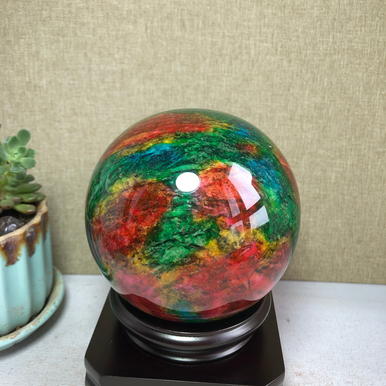 Natural “Seven Colors Jade” sphere flat bottom specimen Taiwan China 99mm A4581