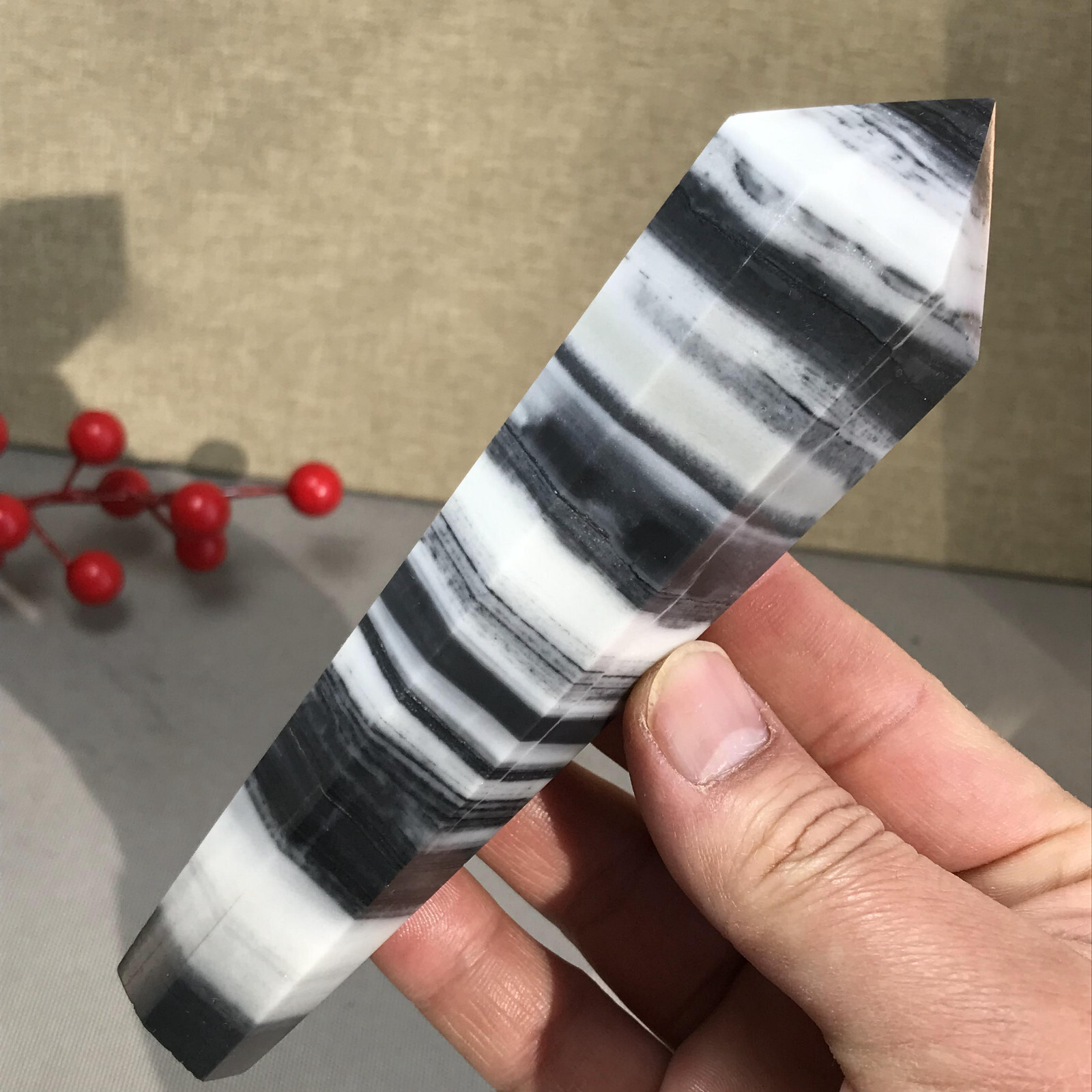 151mm Long Natural Taiji Stone stripe wand Obelisk Crystal specimens 255g A5779