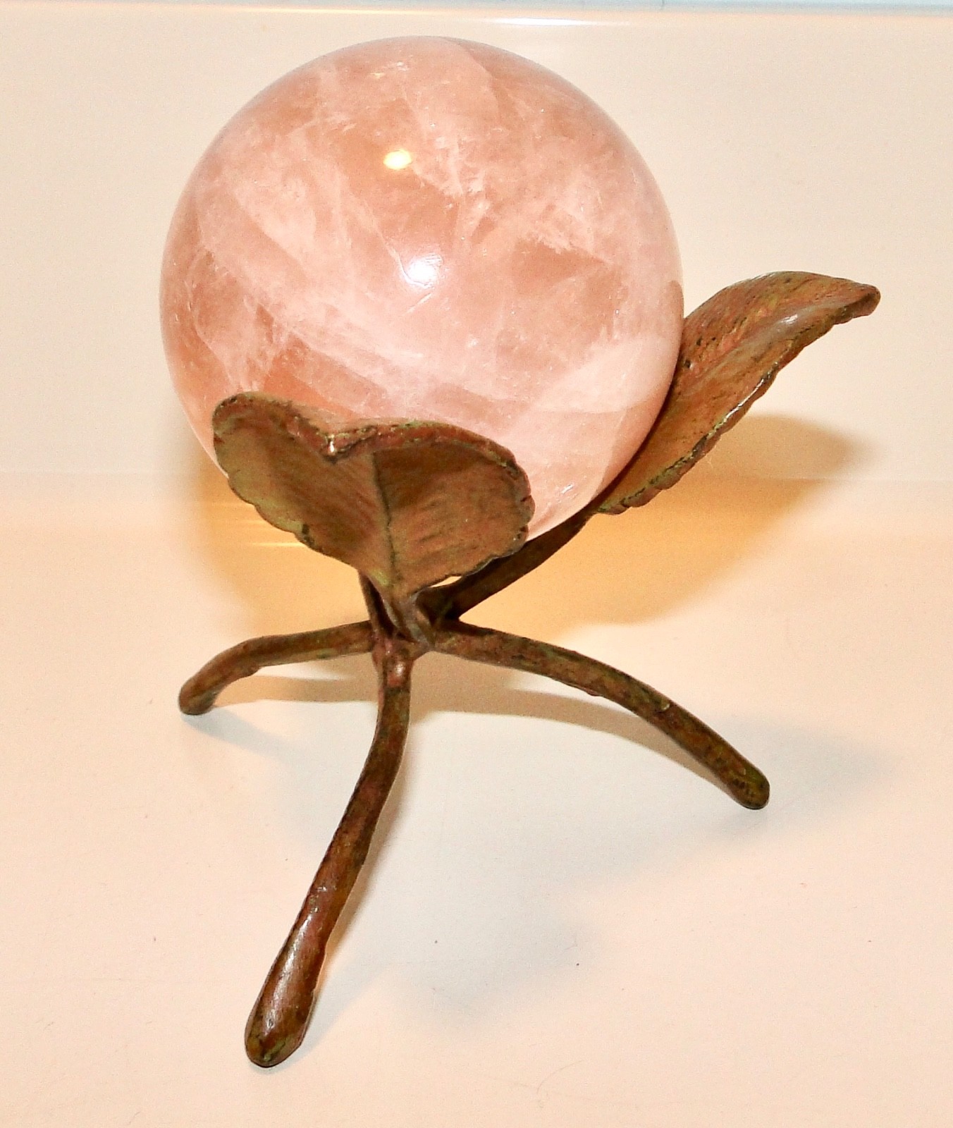 Pink ROSE QUARTZ ORB Ball Sphere + Brown Metal TWIG STAND 4 3/4″ Tall